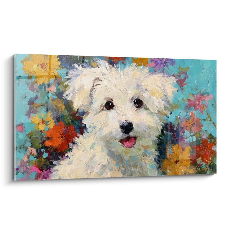 Wandbild Weißer Hund mit bunten Blüten - Blütenexplosion - Coton de Tuléar Edition