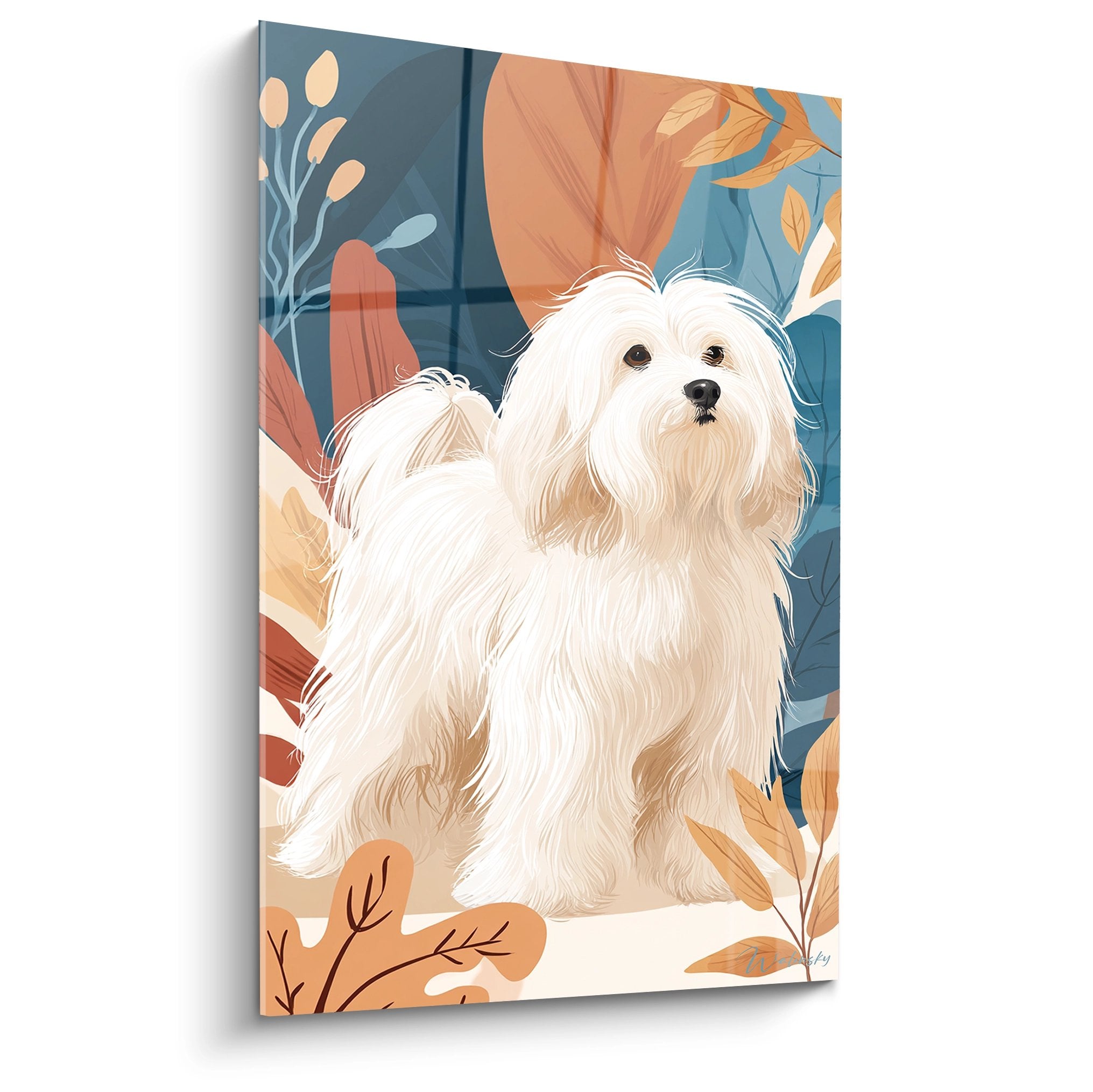 Portrait artistique Coton de Tulear blanc sur fond floral automnal orange et bleu pour decoration murale moderne