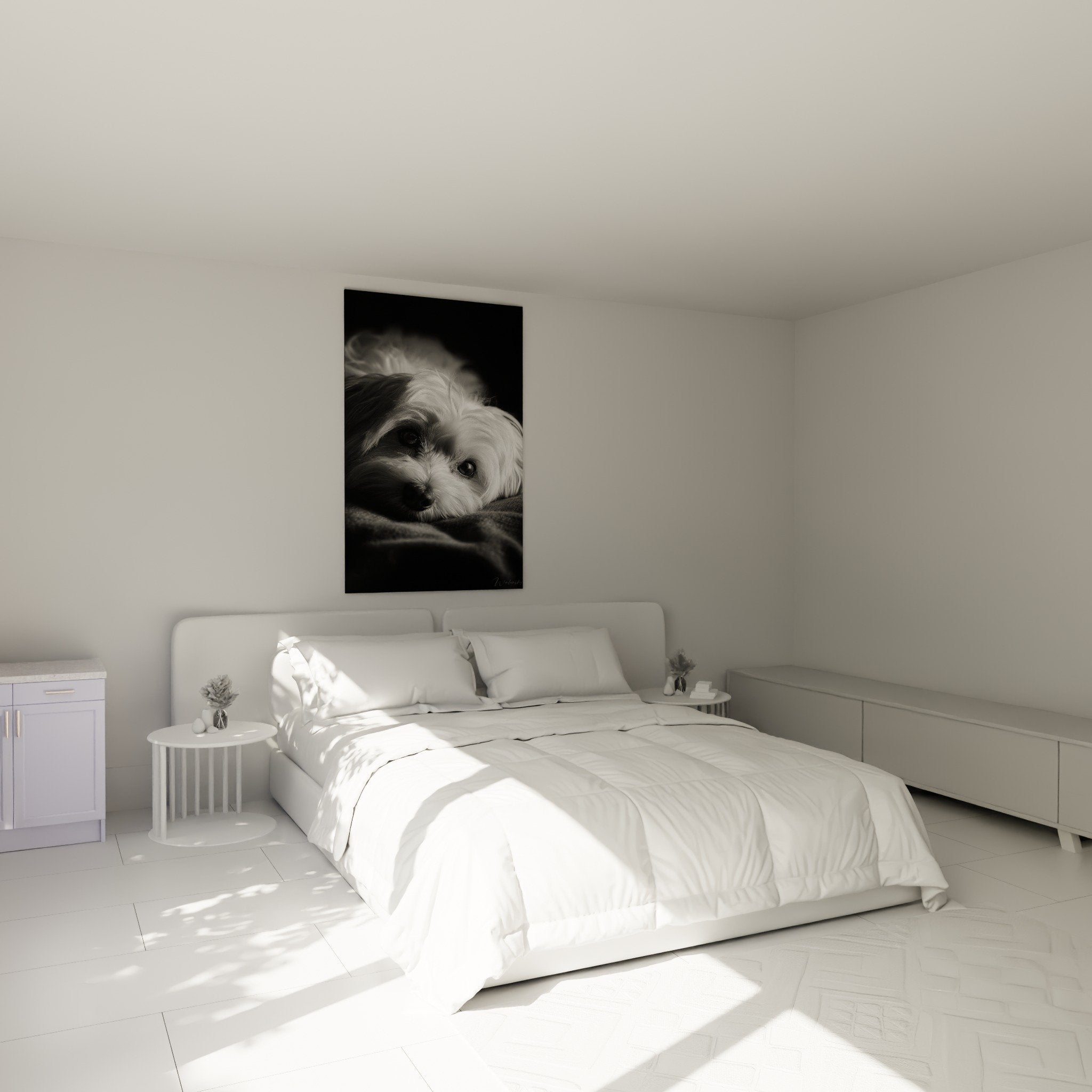 Tableau Coton de Tulear noir et blanc accroche au mur d'une chambre contemporaine avec decoration epuree