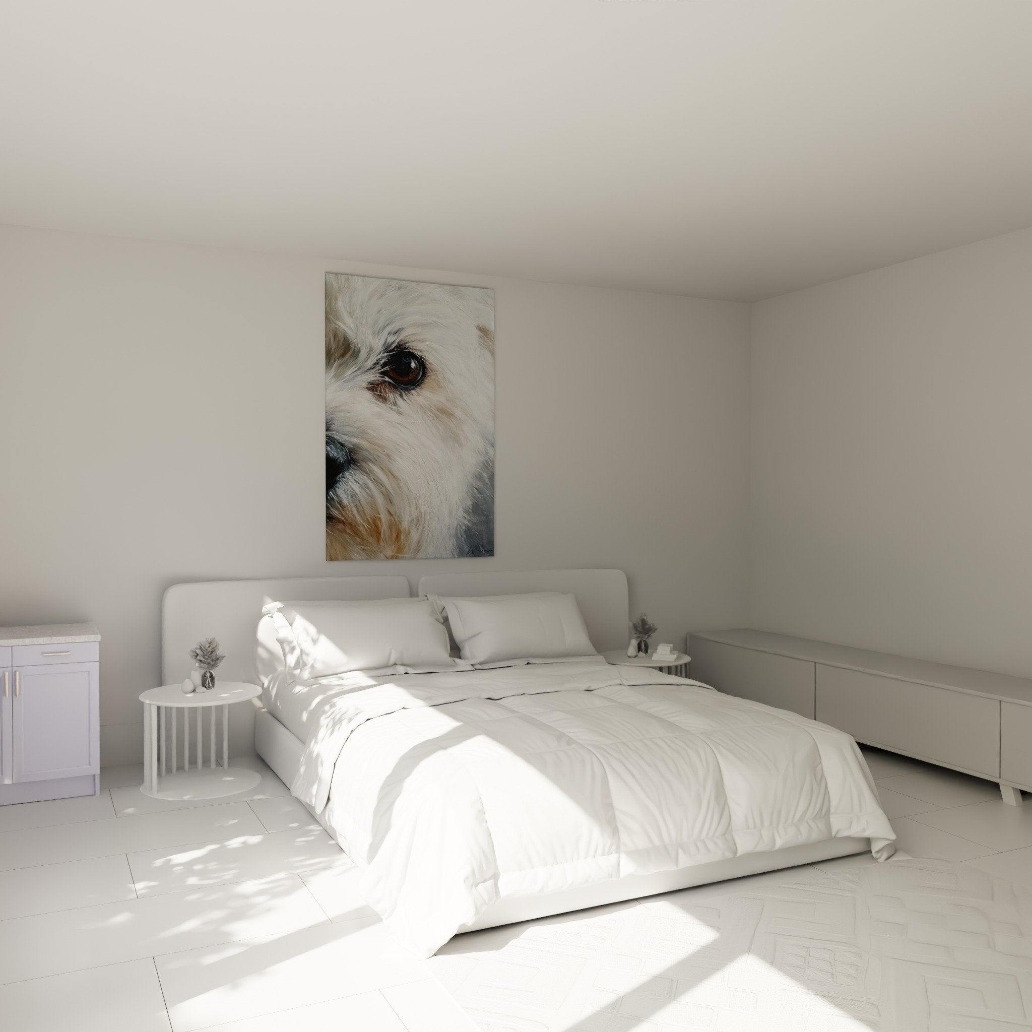 Tableau portrait chien coton tulear chambre decoration murale ambiance douce tons naturels beige blanc