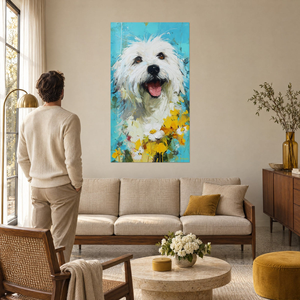 Schilderij bichon-puppy met roze tong en bruine ogen, geel bloemenboeket op turquoise achtergrond, boven een bank in een lichte woonkamer