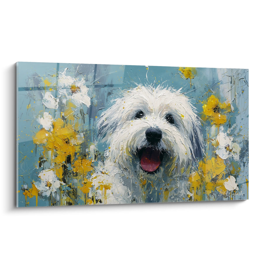 Schilderij van een Tuléar Hond met een Speelse Blik in een Boeket Gele Bloemen - Florale Vreugde - Editie Tuléar