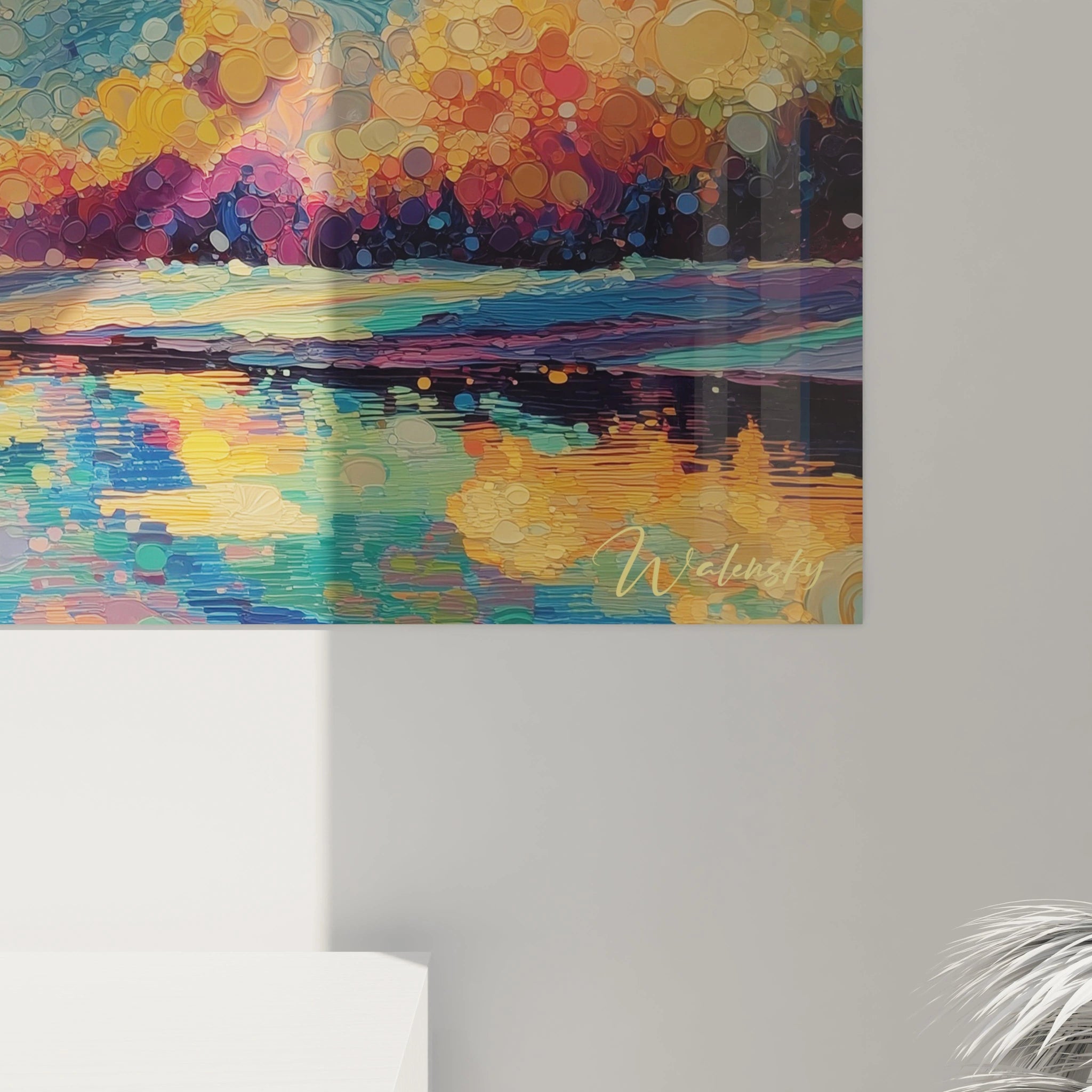 Tableau mural Walensky vibrant tableau pointillisme coucher de soleil avec reflets colorés sur l eau et signature Walensky