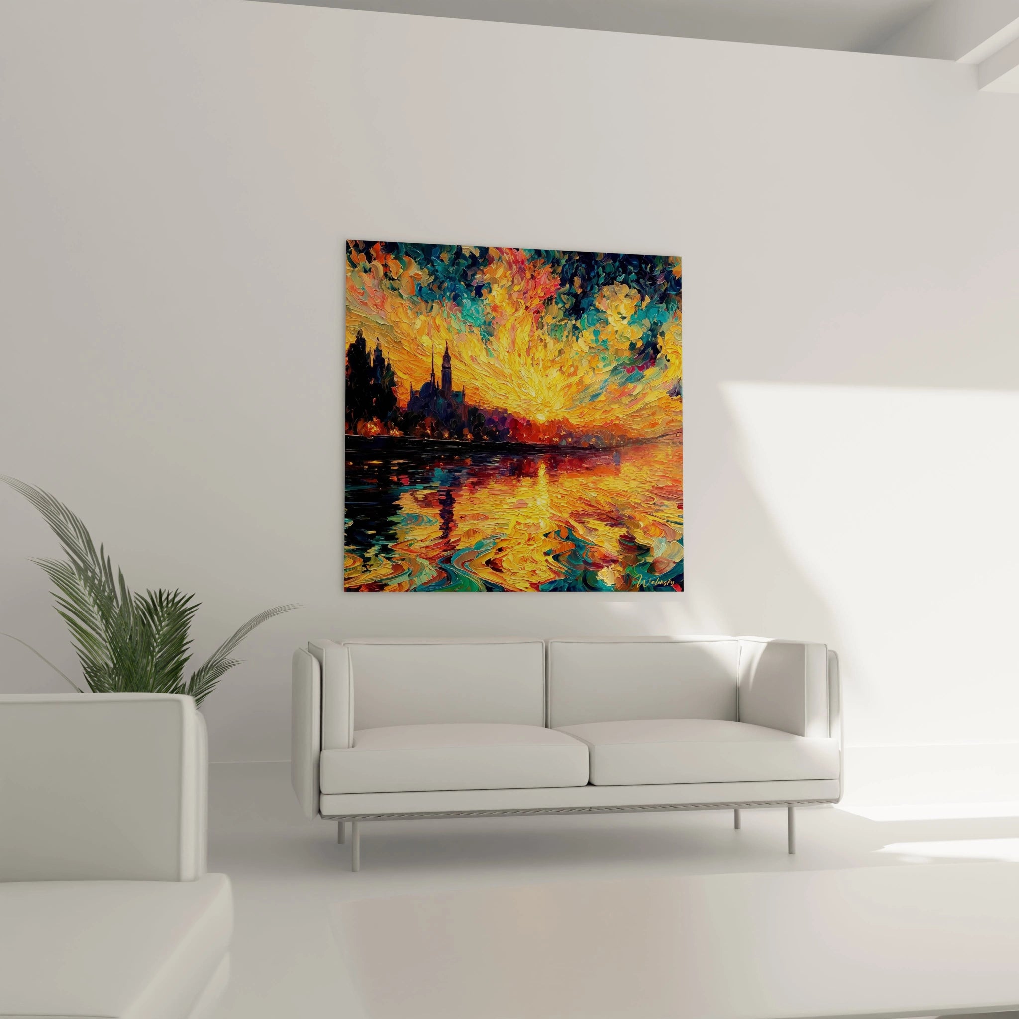 tableau coucher de soleil pointillisme Walensky vibrant aux couleurs chaudes accroche au dessus d un canape blanc moderne