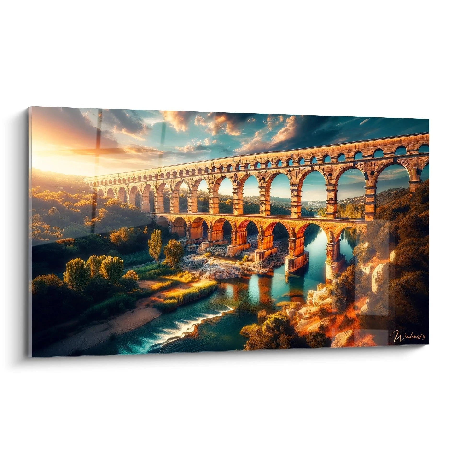 Tableau paysage représentant un aqueduc en pierre à arches multiples traversant une vallée, avec des teintes orangées, vert forêt, bleu turquoise et textures de pierre sculptée.

