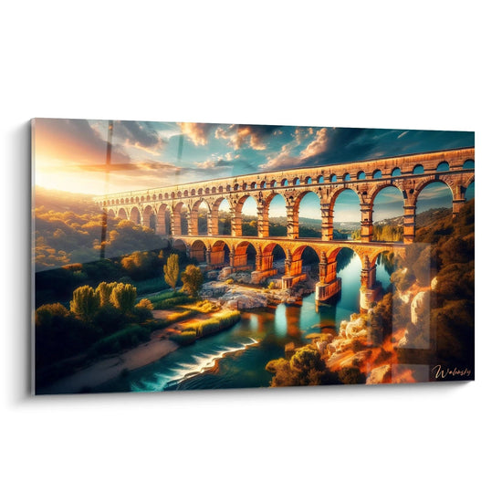 Tableau paysage représentant un aqueduc en pierre à arches multiples traversant une vallée, avec des teintes orangées, vert forêt, bleu turquoise et textures de pierre sculptée.

