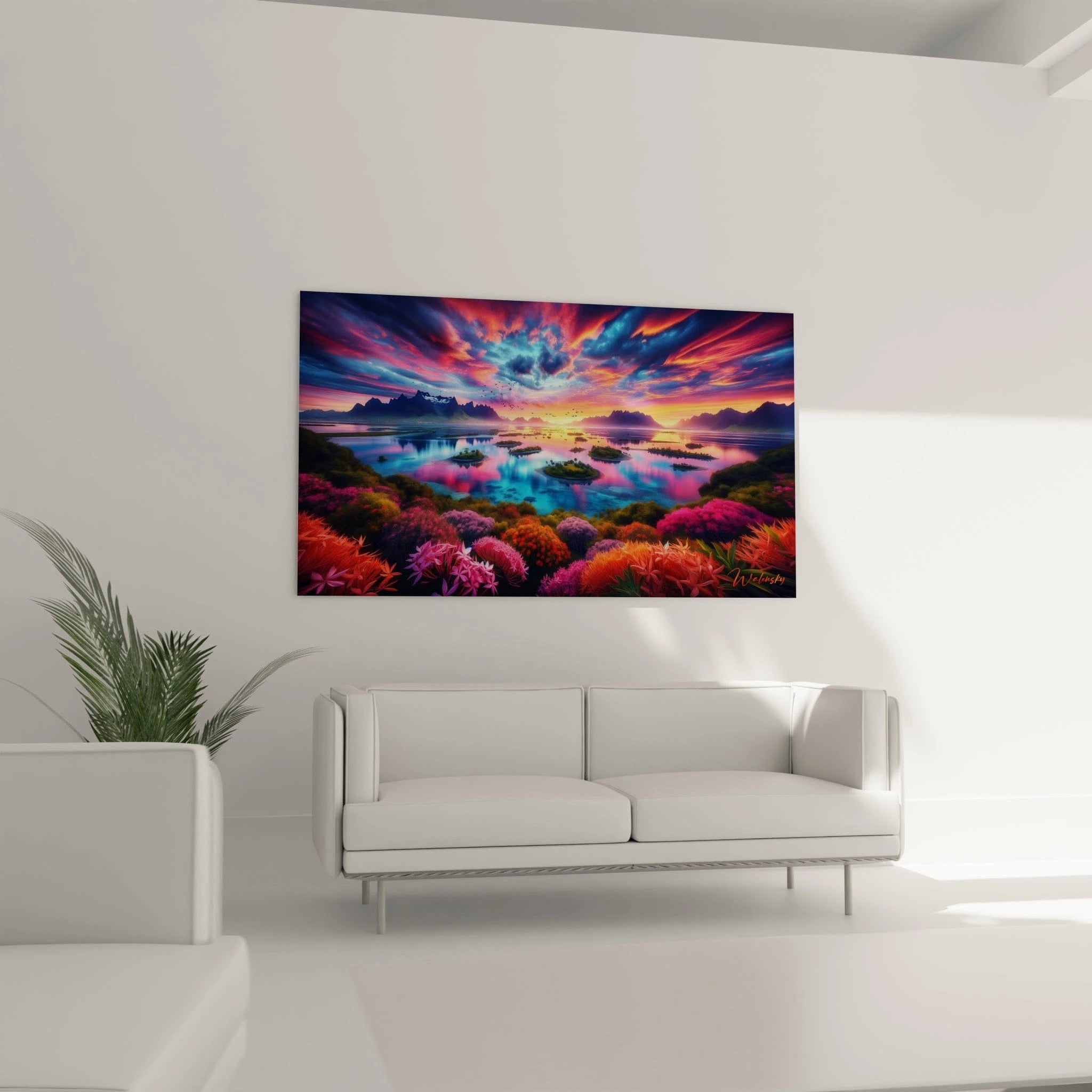 Un tableau paysage montrant une vue panoramique d'un lac aux îles verdoyantes. Les formations florales au premier plan présentent des textures détaillées dans des tons fuchsia, orange et violet. Le ciel spectaculaire déploie des nuages effilés aux couleurs contrastées sur un fond de montagnes sombres.
