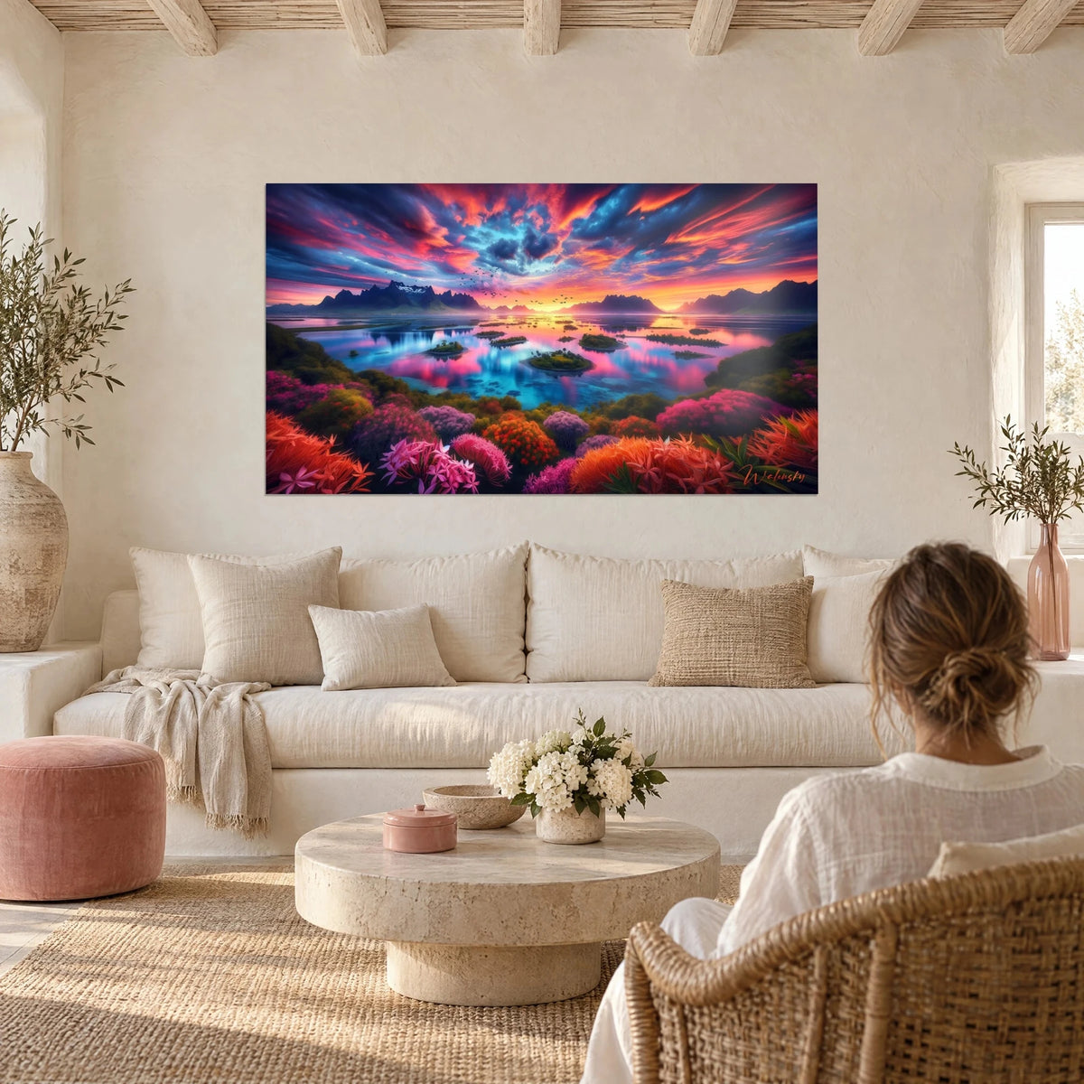 Schilderij gloeiende zonsondergang boven een archipel, roze en blauwe lucht, oranje bloemen, boven een bank in een lichte woonkamer