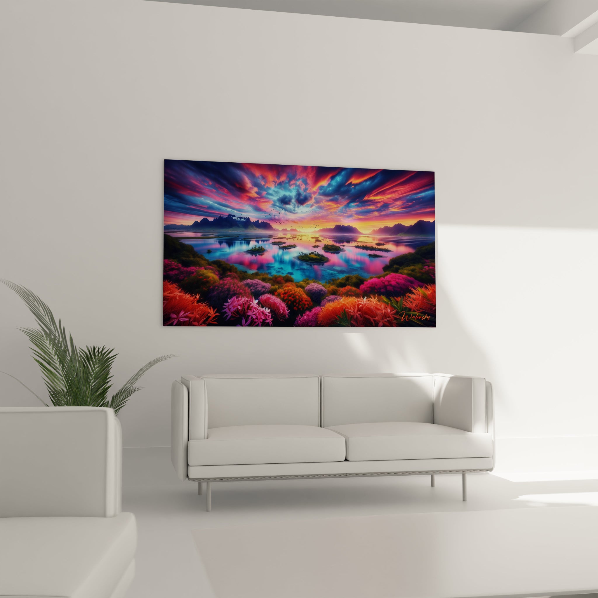 Un tableau paysage montrant une vue panoramique d'un lac aux îles verdoyantes. Les formations florales au premier plan présentent des textures détaillées dans des tons fuchsia, orange et violet. Le ciel spectaculaire déploie des nuages effilés aux couleurs contrastées sur un fond de montagnes sombres.

