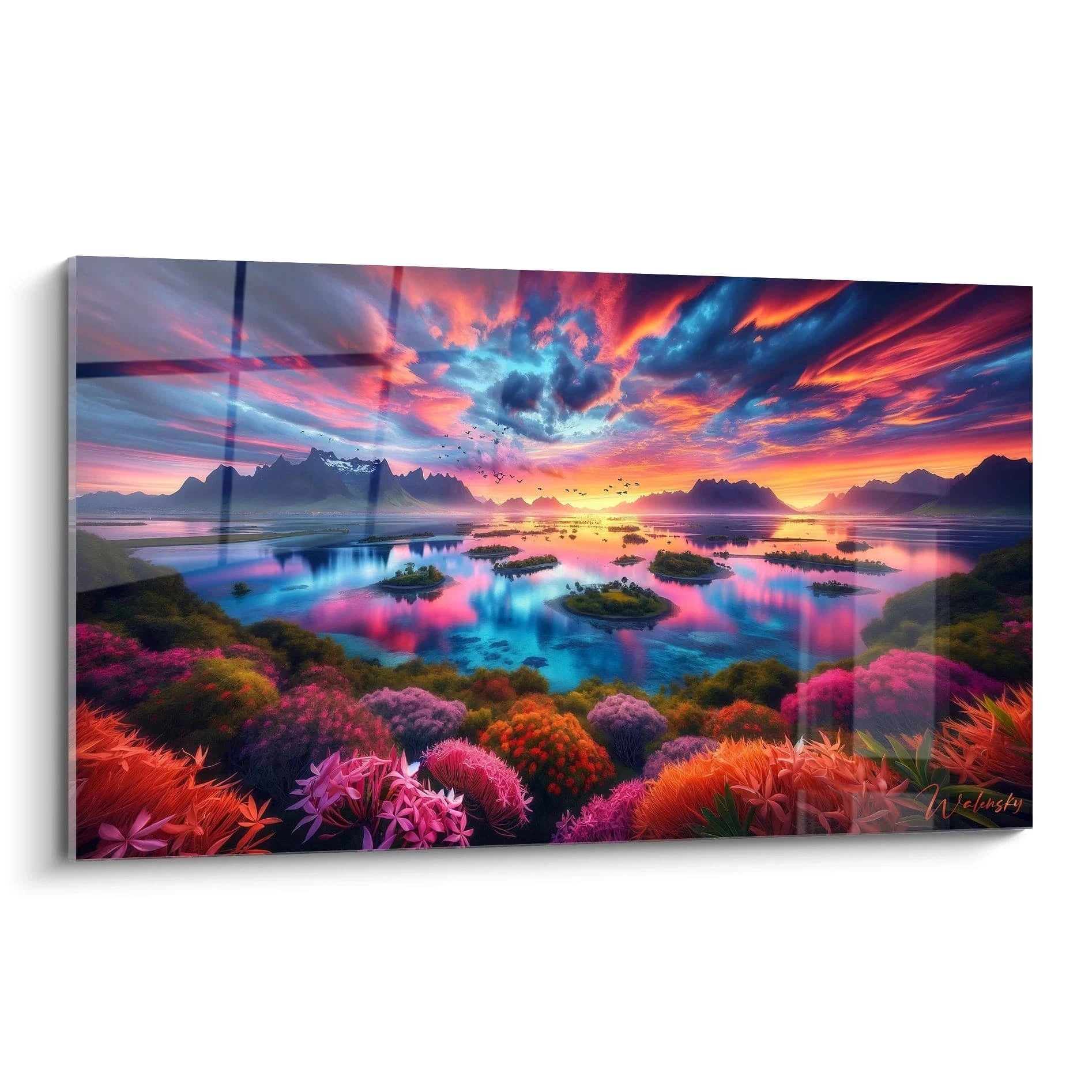 Un tableau paysage d'un lac aux reflets roses et bleus, parsemé d'îlots verdoyants. Au premier plan s'étale une végétation luxuriante aux teintes roses, oranges et violettes. Des montagnes enneigées se dressent à l'horizon sous un ciel flamboyant aux nuages stratifiés bleus et rouges.
