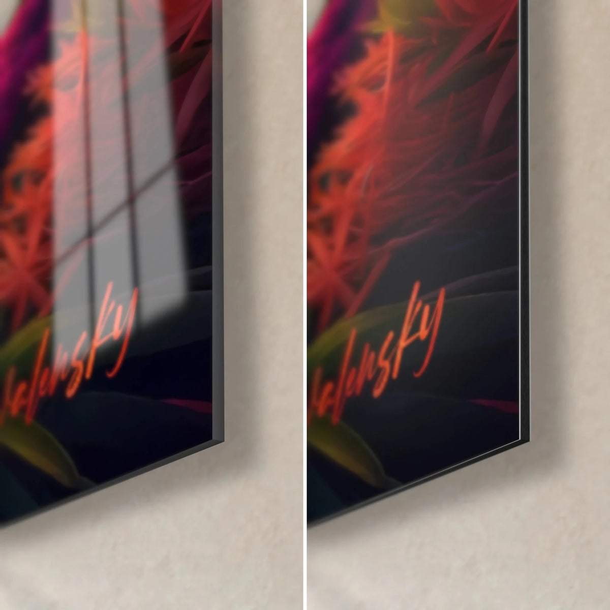 Schilderij bebloemde eilandenarchipel, rechter onderhoek: glanzend acrylglas met reflecties, mat zwart Dibond-aluminium, rand van 3 mm en oranje handtekening