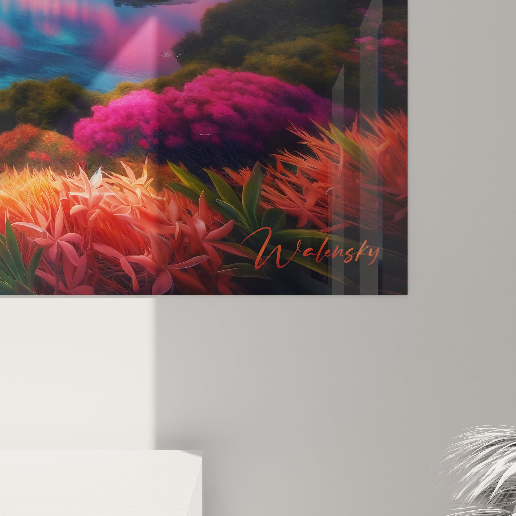 Un tableau paysage figurant une étendue lacustre entourée de montagnes. La composition est dominée par un ciel aux nuées flamboyantes où volent des oiseaux. Les reflets dans l'eau créent un effet miroir tandis qu'une abondante flore colorée aux formes diverses encadre la scène.
