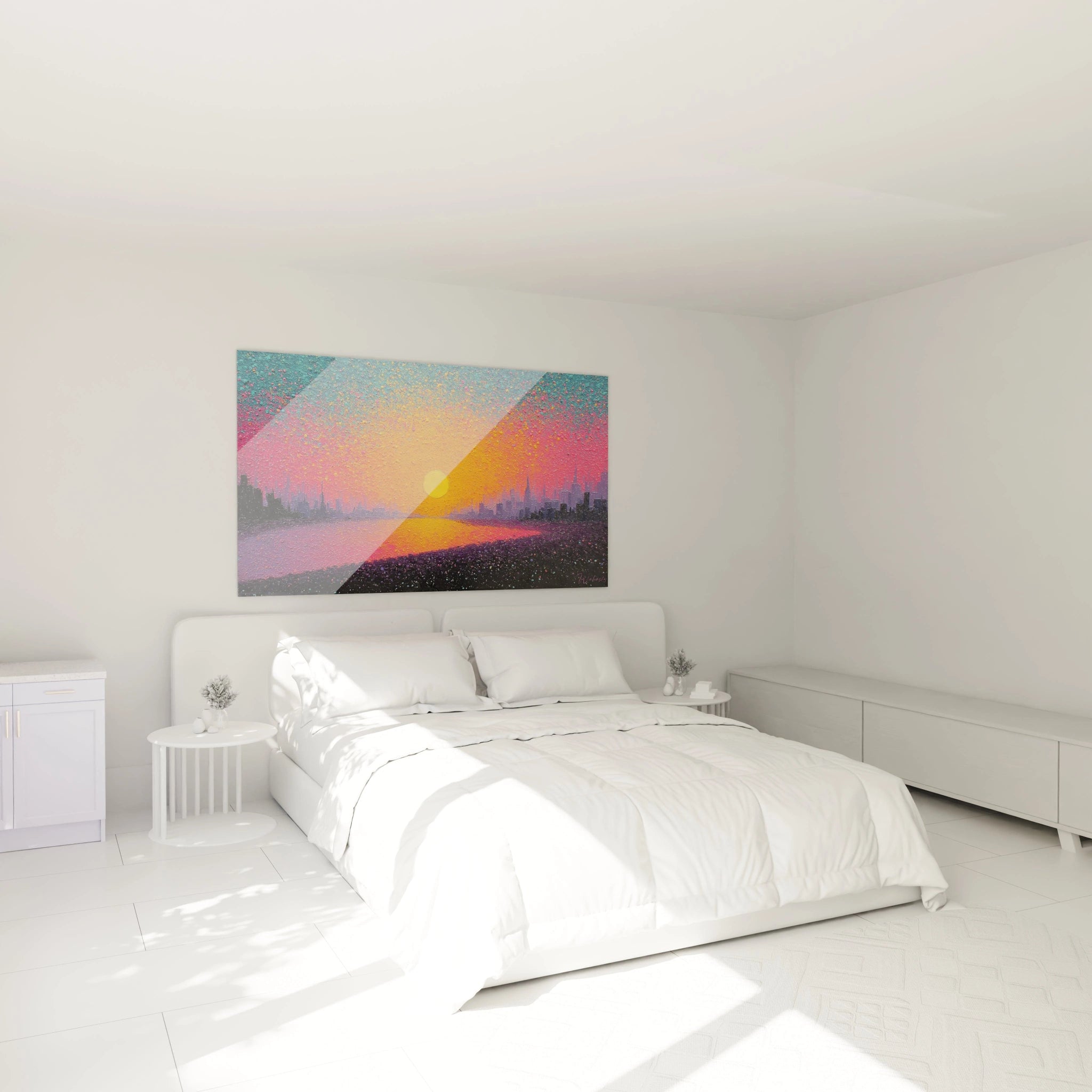 Tableau mural Walensky tableau coucher de soleil urbain coloré au dessus d un lit dans une chambre blanche minimaliste