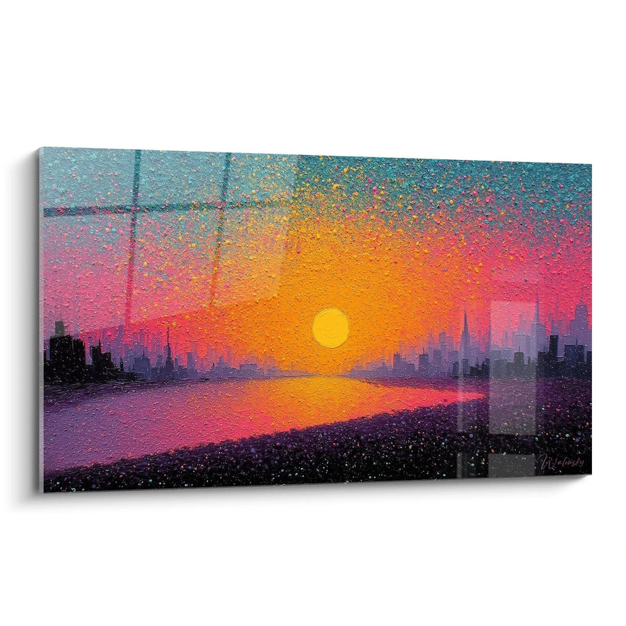 Tableau Coucher de Soleil Urbain Pixels Enflammés - édition pointillisme