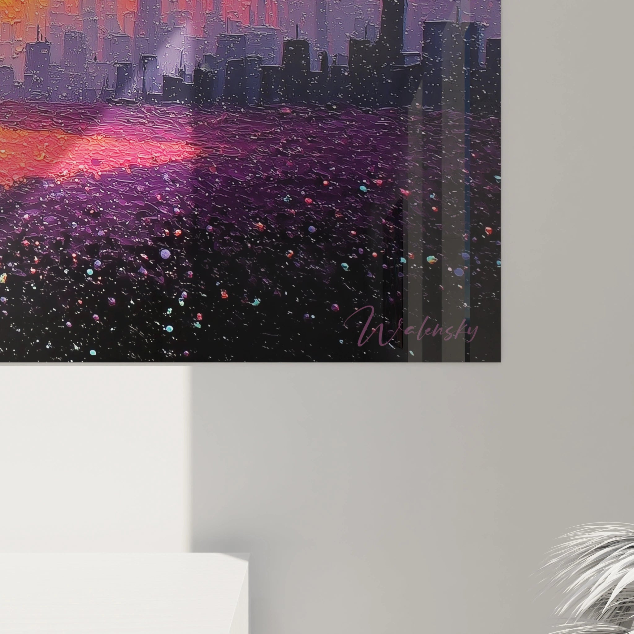 Tableau mural Walensky montrant un tableau coucher de soleil urbain abstrait en tons bleus profonds avec texture et cadre moderne