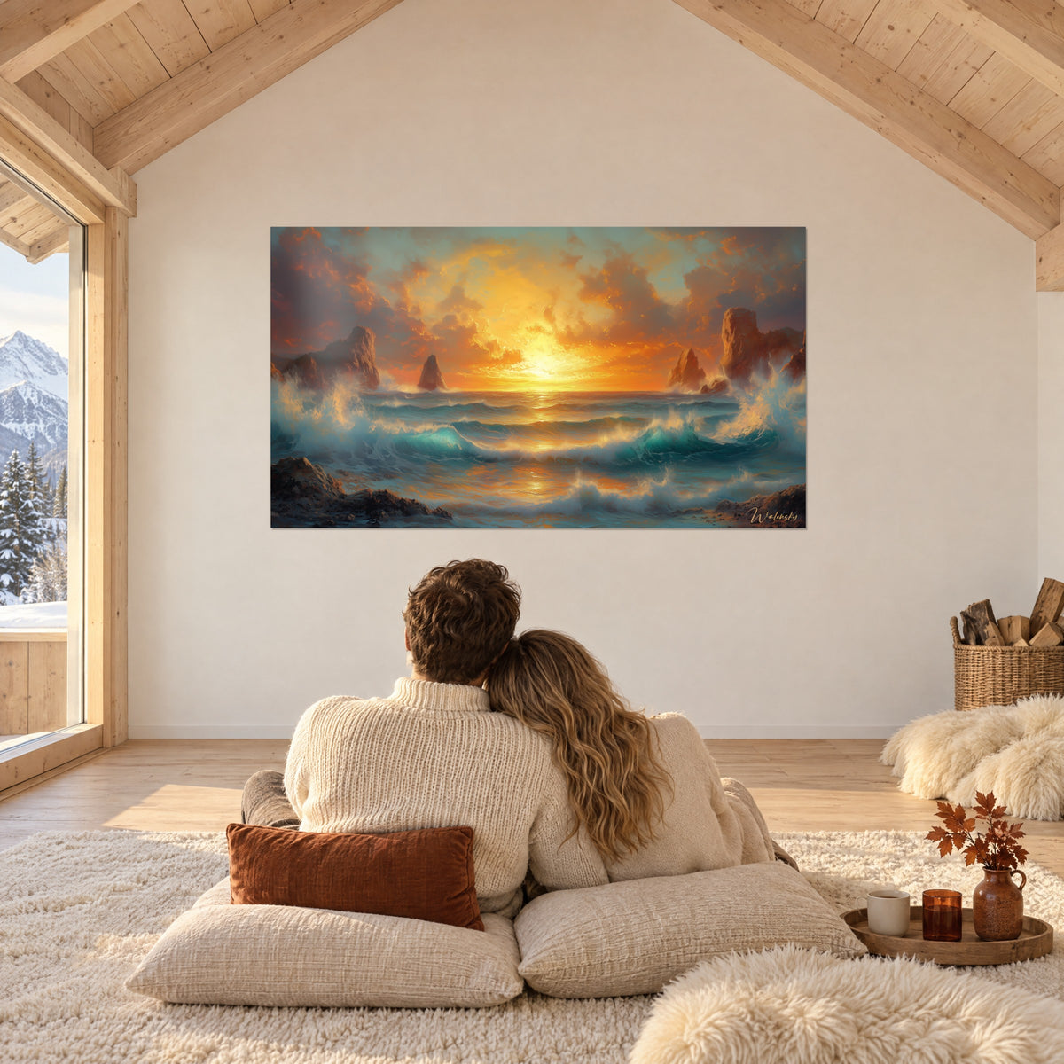 Cuadro paisaje marino incandescente, rodillos de espuma azul glaciar y cielo amarillo azafrán, una pareja abrazada de espaldas sobre cojines blancos
