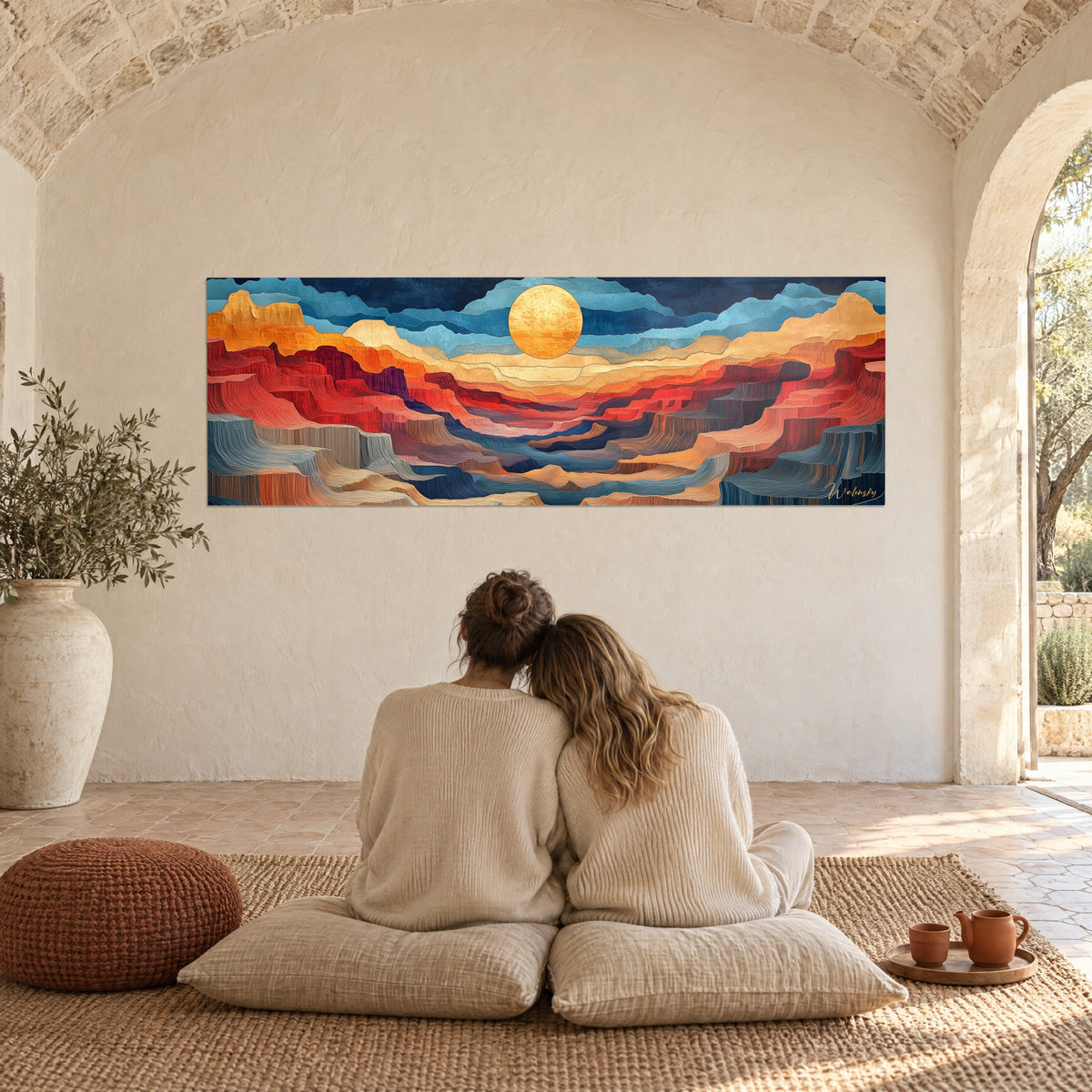 Tableau vallée de roches rouge vif et sable sous une lune dorée, deux personnes enlacées de dos dans un mas provençal
