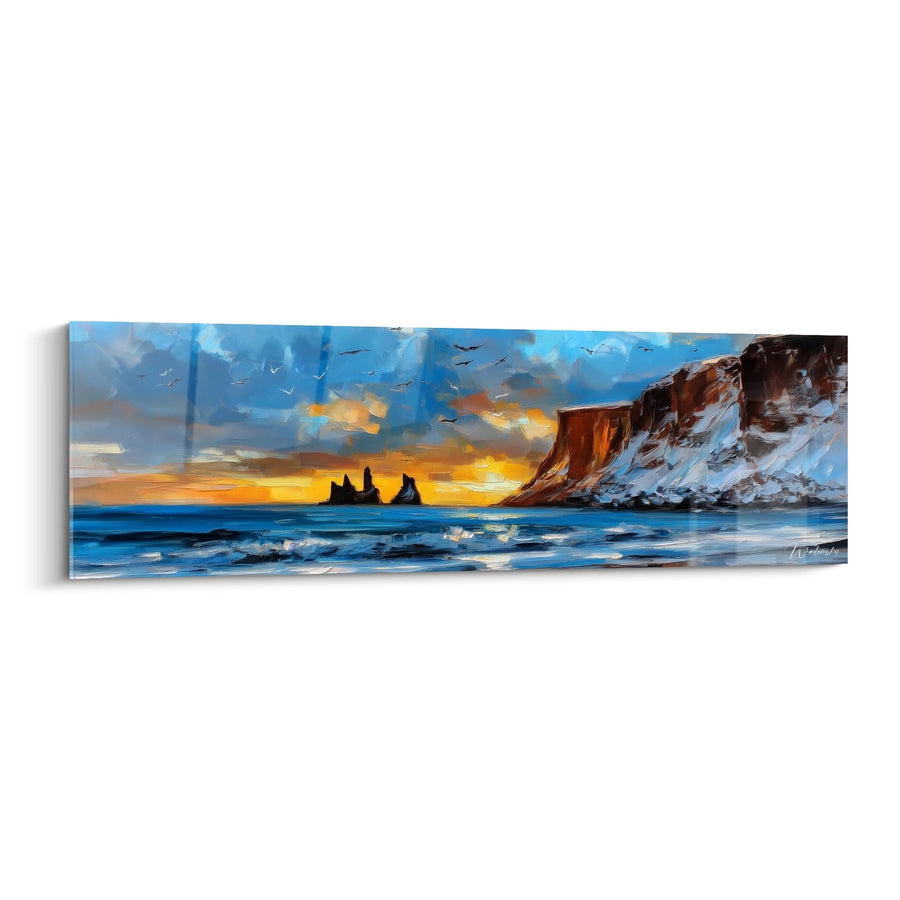 Tableau Coucher de soleil sur falaises islandaises - Reynisdrangar Mystique - édition Plage