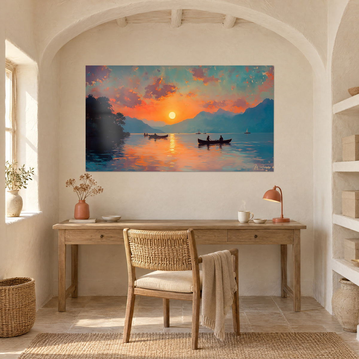 Quadro riva boscosa e cime azzurrate al tramonto, arancio vivace e turchese, canoe su acqua calma, appeso sopra una scrivania in legno