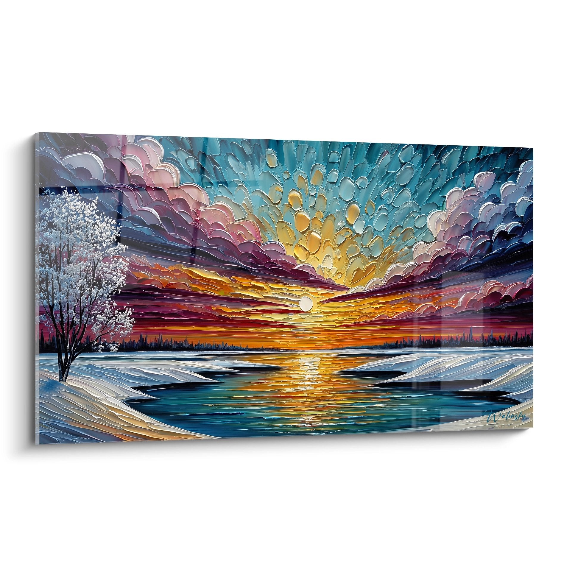 Tableau mural coucher soleil sur lac gelé avec reflets dorés et nuages colorés style moderne