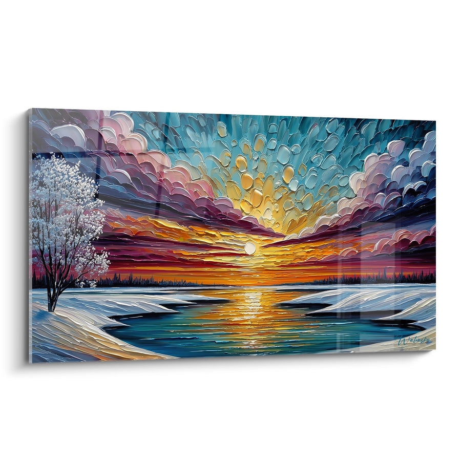 Tableau coucher de soleil sur lac gelé - Évasion hivernale - édition désert