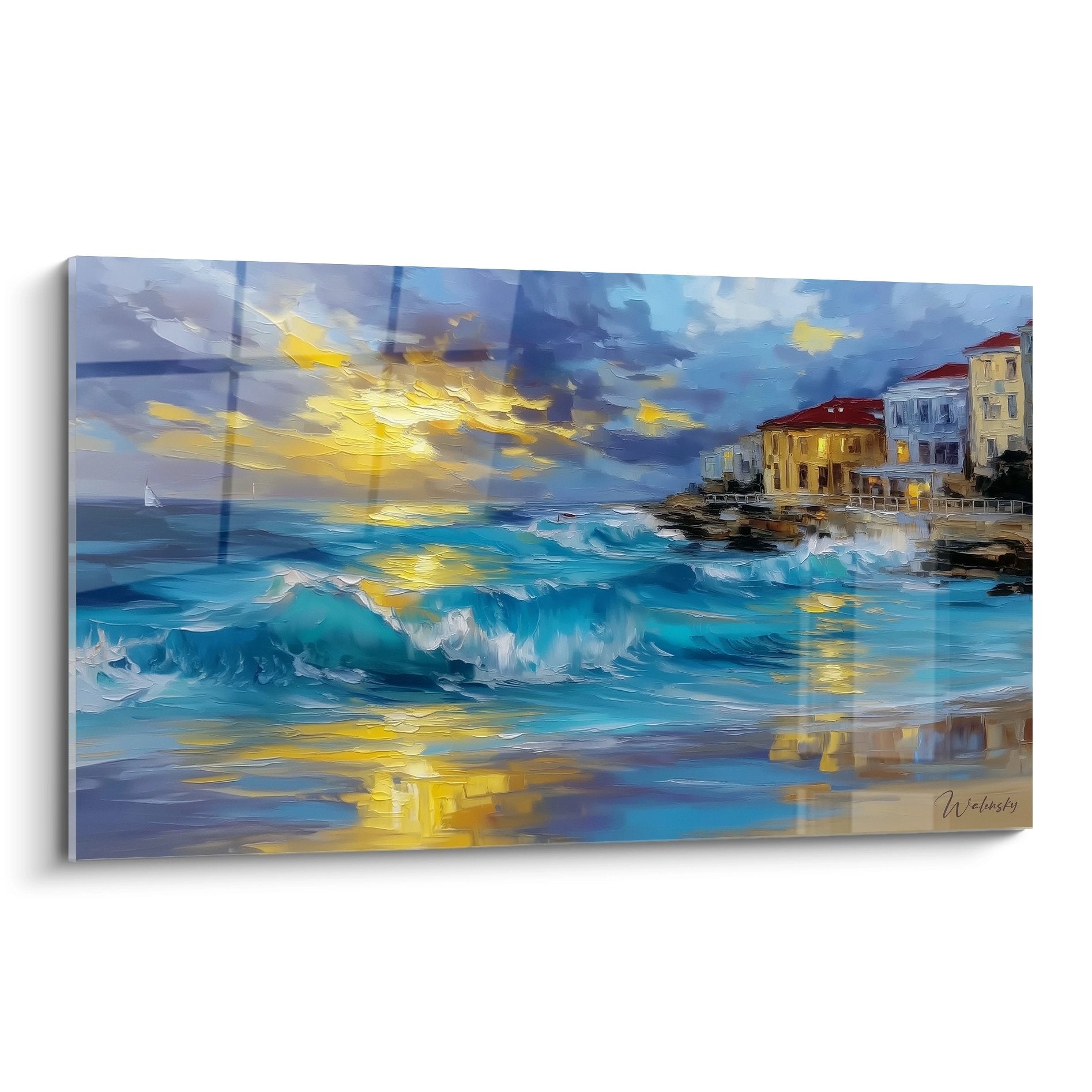 Tableau mural coucher soleil méditerranéen avec village côtier et vagues turquoise - art plage décoratif