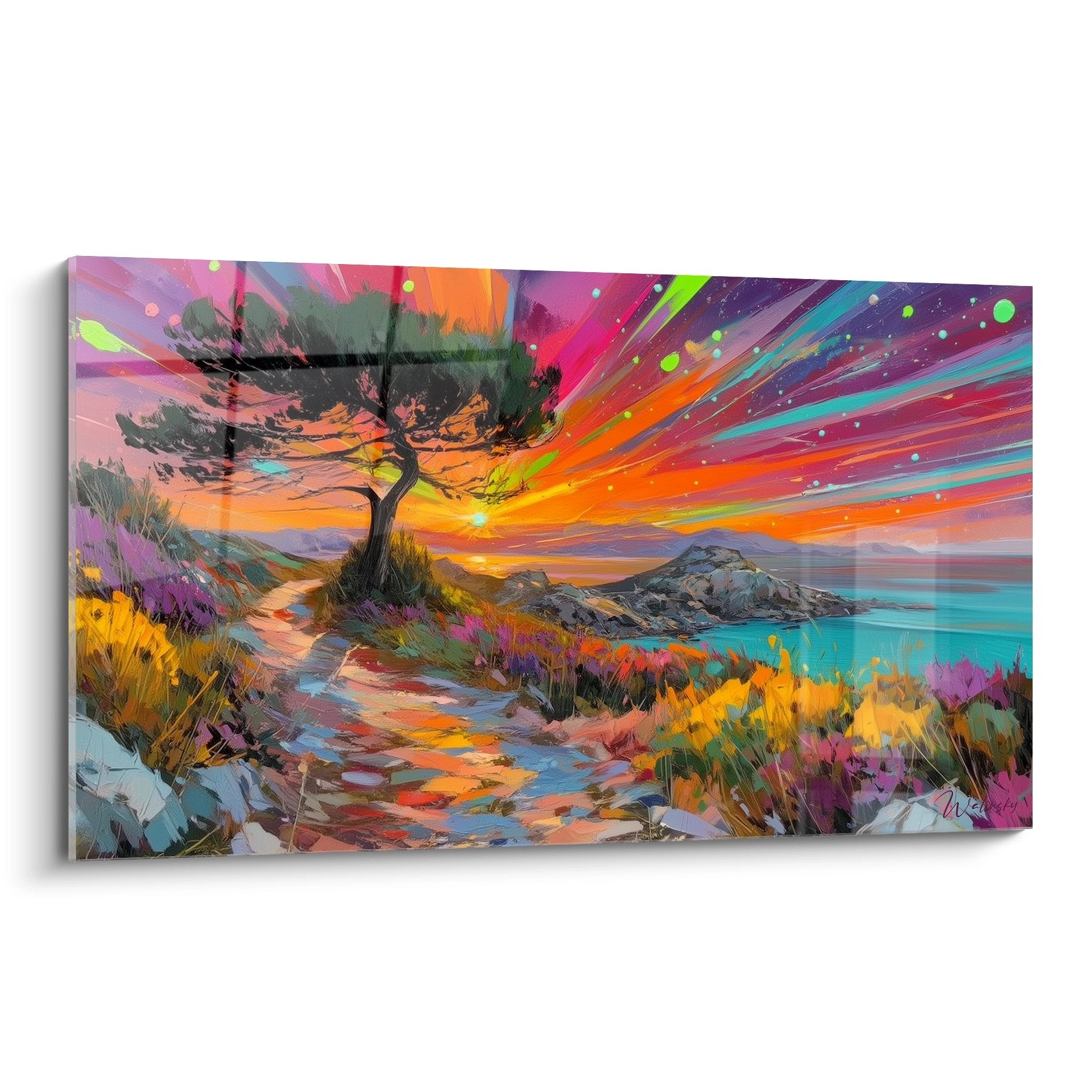 Tableau coucher de soleil mer psychédélique avec arbre et rayons lumineux colorés sur paysage côtier