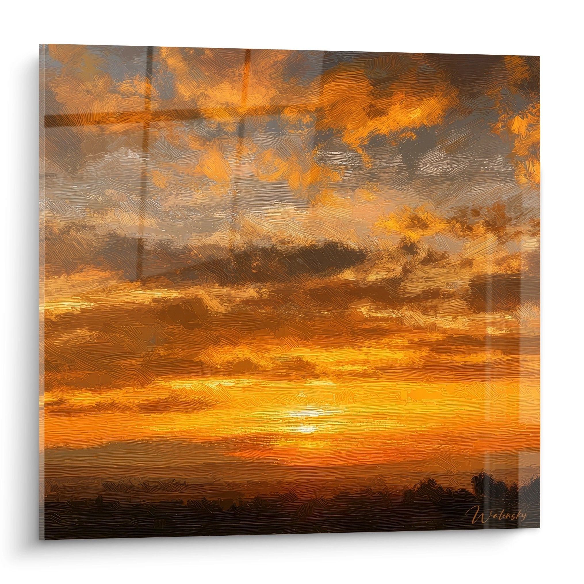 Tableau coucher de soleil aux nuages dramatiques dorés et orangés, peinture murale paysage céleste expressif