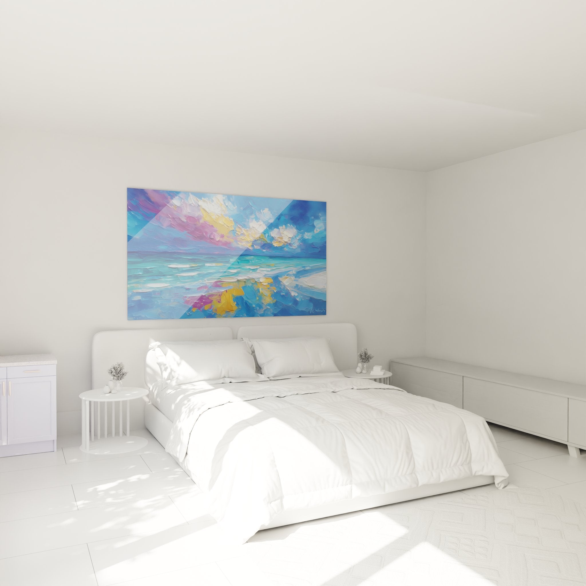 Tableau coucher soleil océan déco chambre ambiance maritime peinture mer reflets dorés