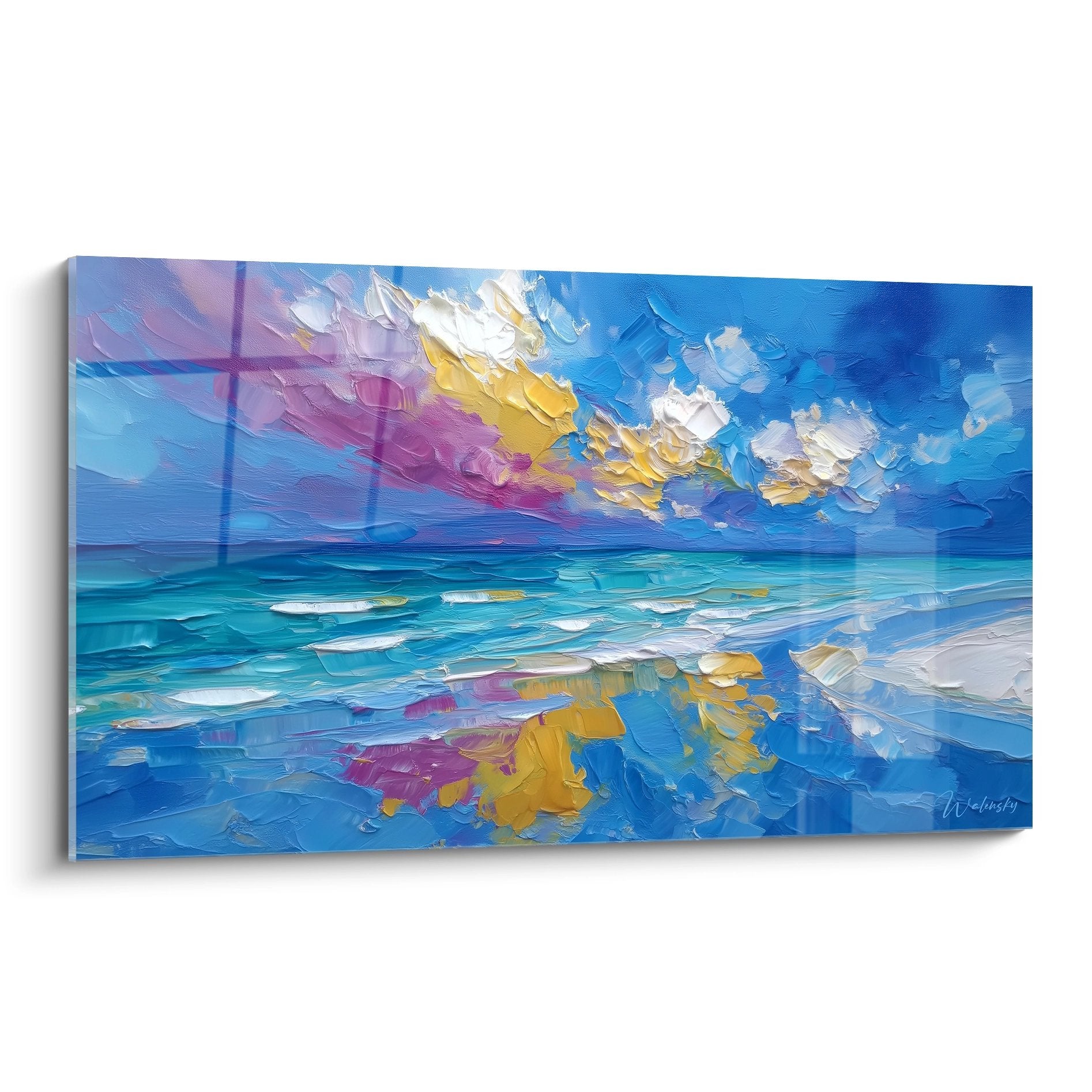 Tableau coucher soleil océan impressionniste reflets dorés mer bleu violet peinture murale