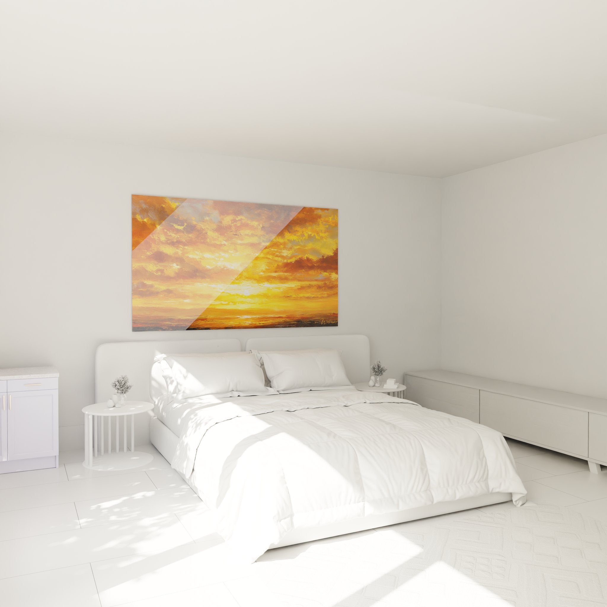 Tableau mural coucher de soleil océanique dans ambiance chambre cocooning aux tons chauds
