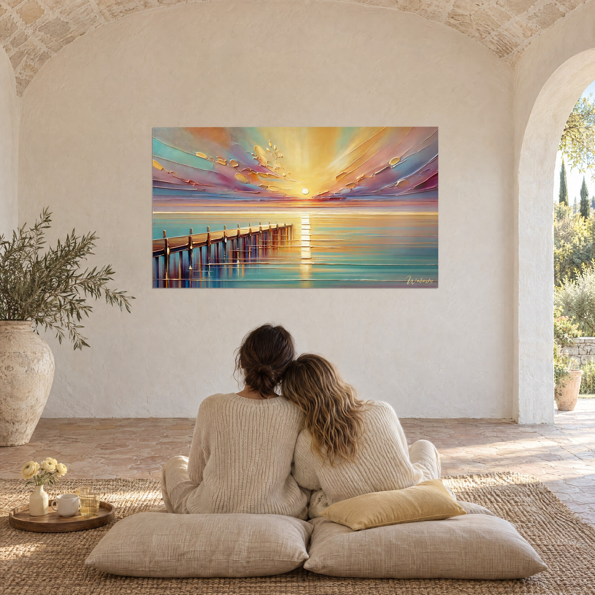 Cuadro horizonte ardiente, nubes crema esculpidas, mar turquesa y muelle oxidado; pareja de espaldas sentada sobre cojines en el suelo