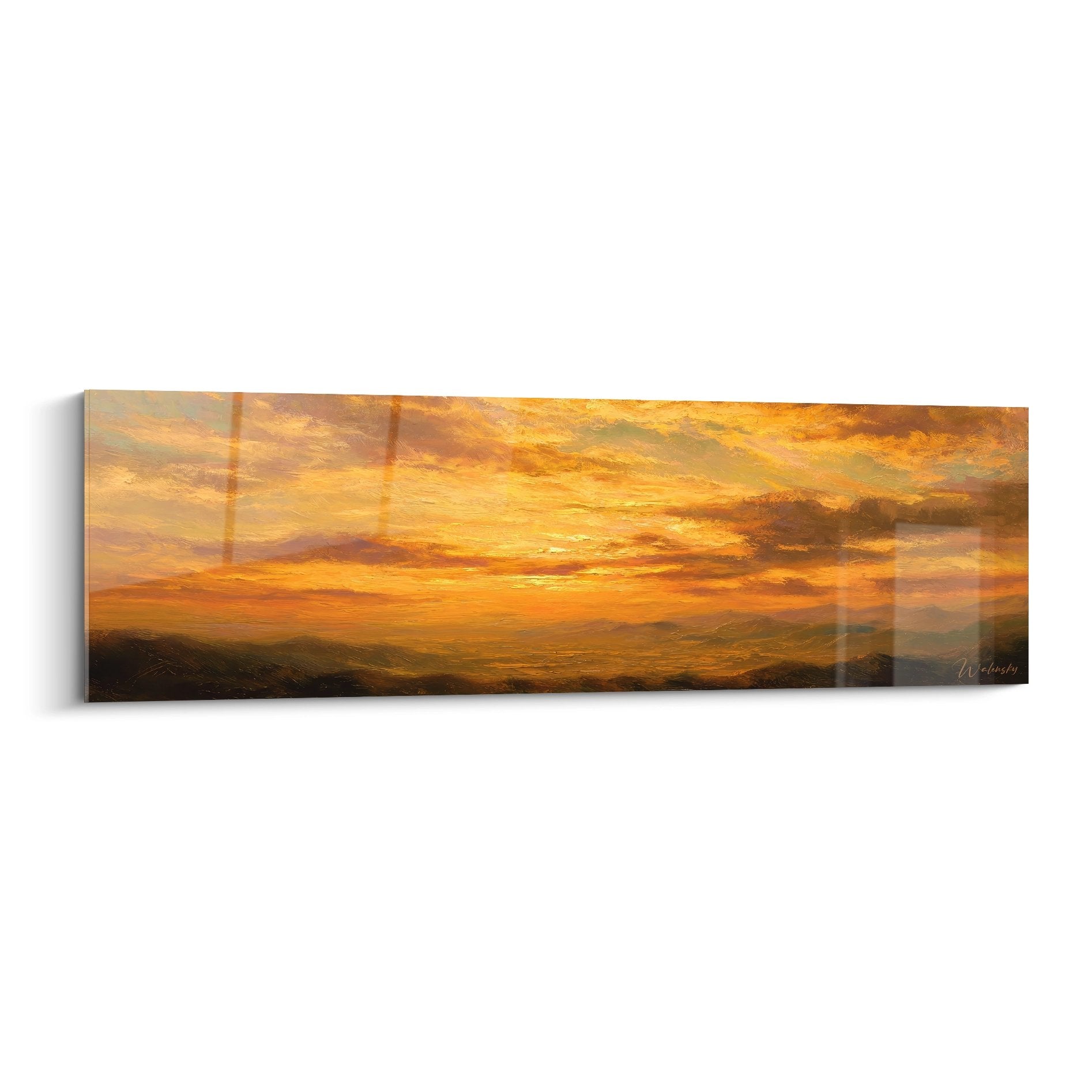 Tableau mural coucher de soleil panoramique aux tons dorés avec paysage de collines à l'horizon lumineux
