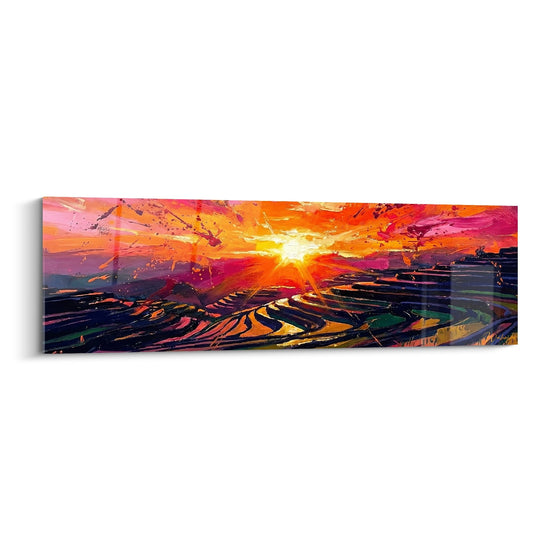Quadro Tramonto Splendente su Terrazzamenti Dorati - Sinfonia di Fuoco - Edizione Risaie