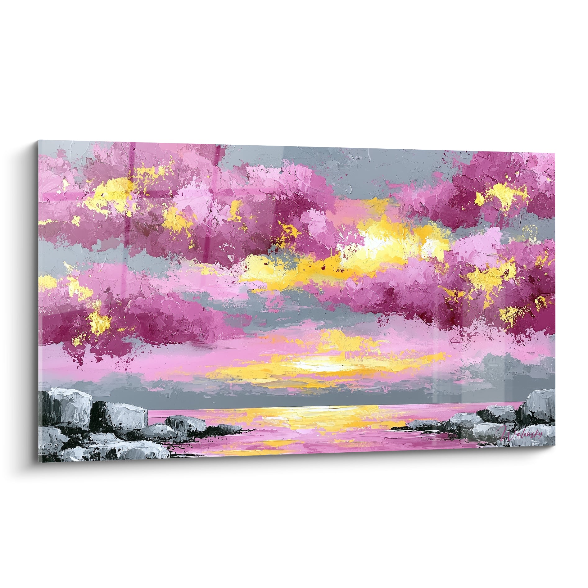 Coucher de soleil rose et doré sur mer, rochers gris au premier plan, style peinture abstrait au couteau