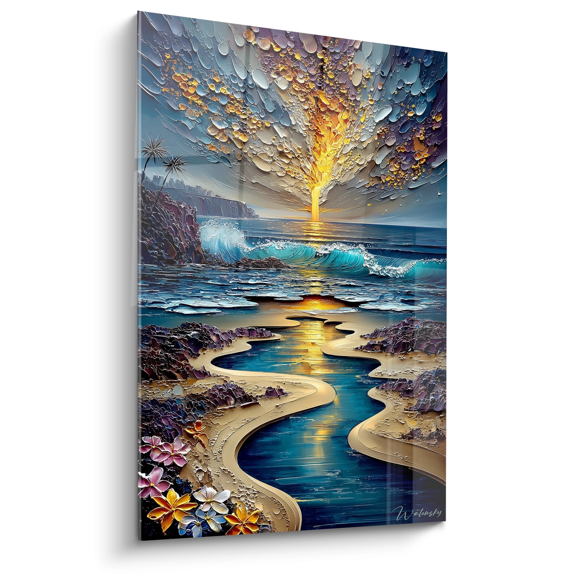 Tableau mural coucher soleil tropical avec éruption volcanique dorée et plage paradisiaque