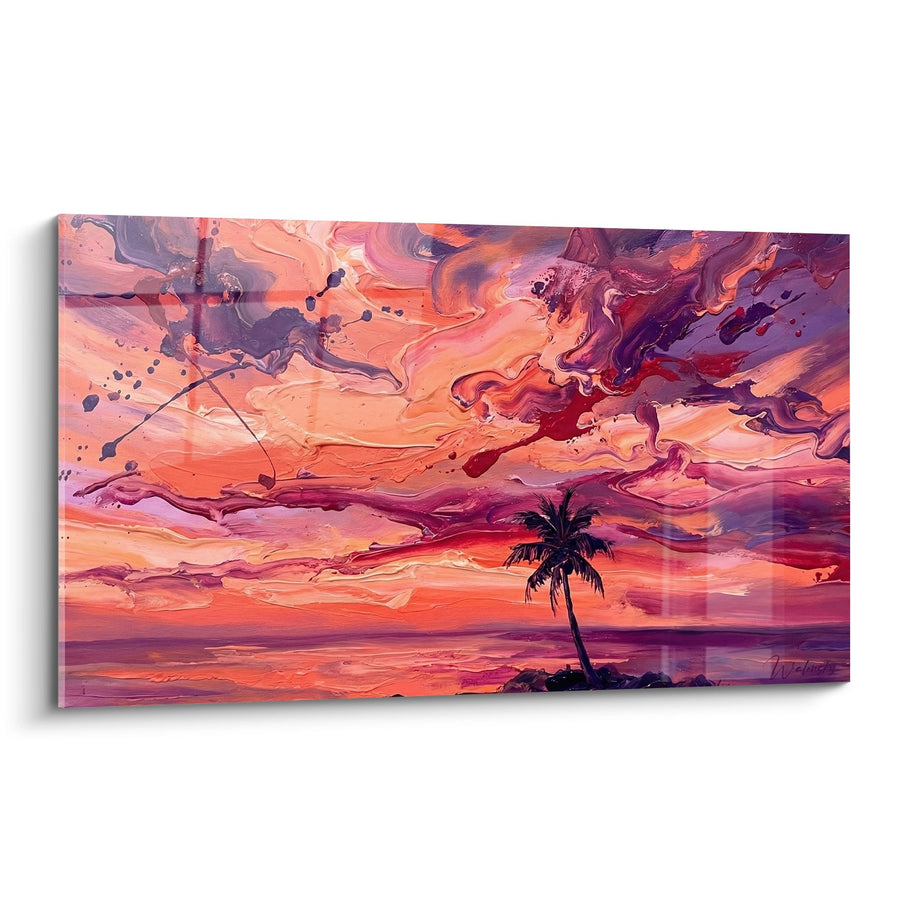 Tableau Coucher de Soleil Tropical avec Palmier et Ciel Violet Orange - Crépuscule Balinais - Edition Bali