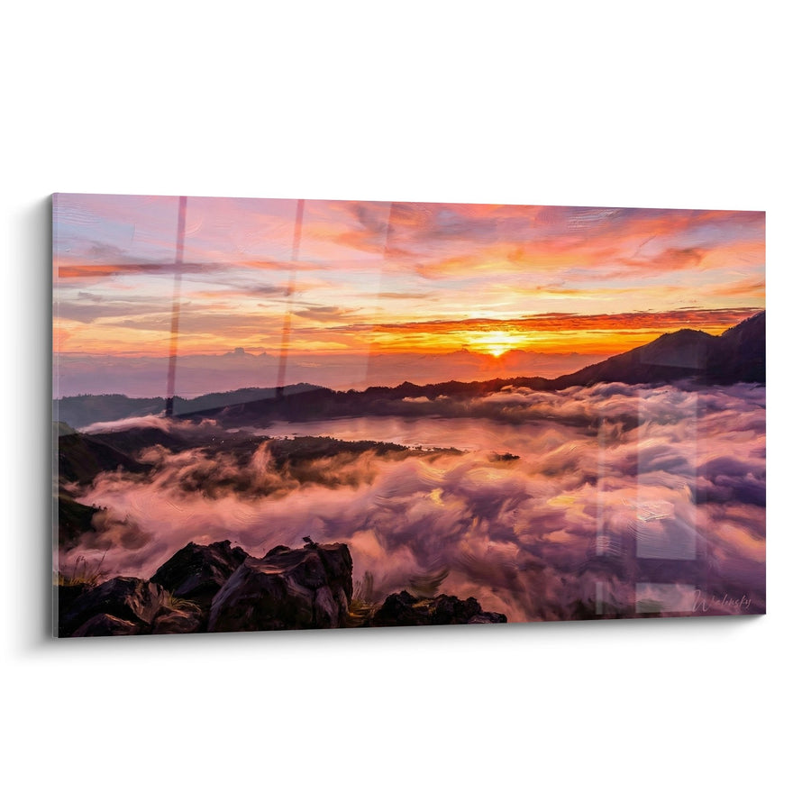 Tableau Coucher de Soleil Volcanique avec Mer de Nuages Orangée - Lever du Jour Tropical - Edition Bali