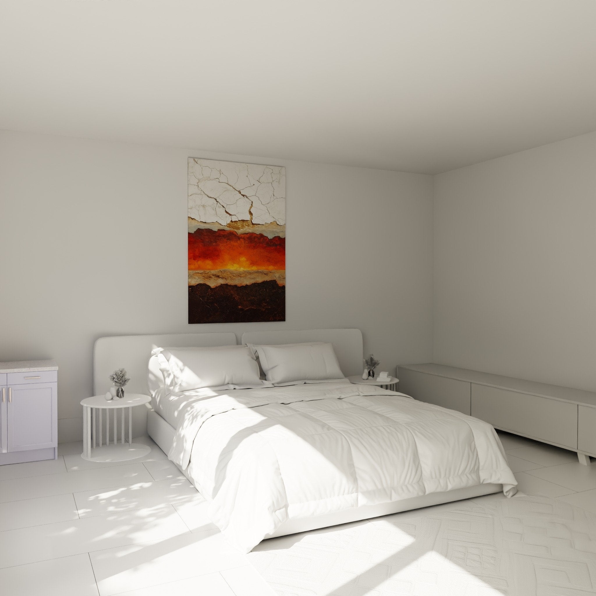 Gemälde Erdschichten Orange im modernen Feng-Shui Schlafzimmer Erdmitte Wanddekoration