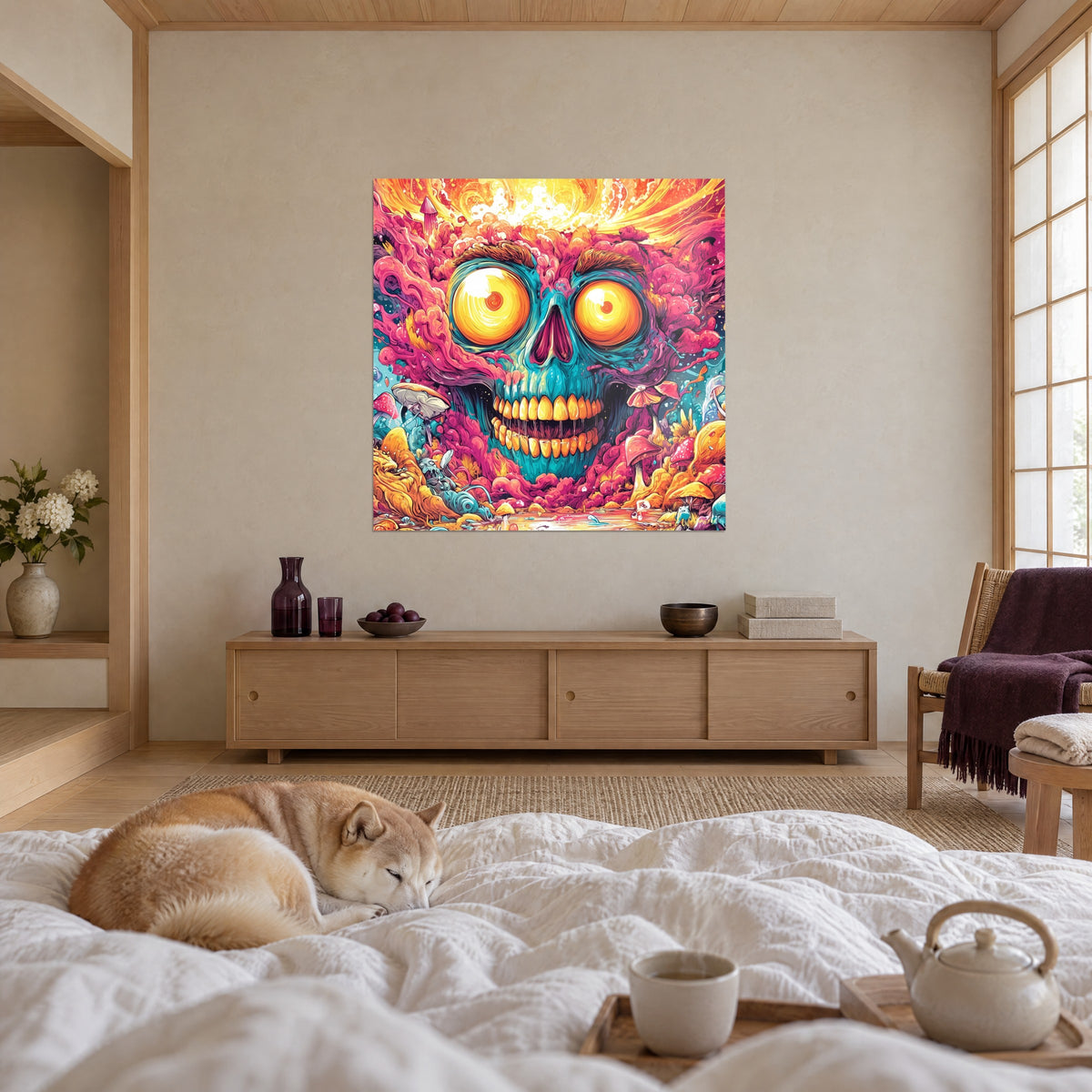 Cuadro rostro esquelético con órbitas amarillas, burbujas rosa vivo y turquesa, colgado sobre una cama en un dormitorio claro