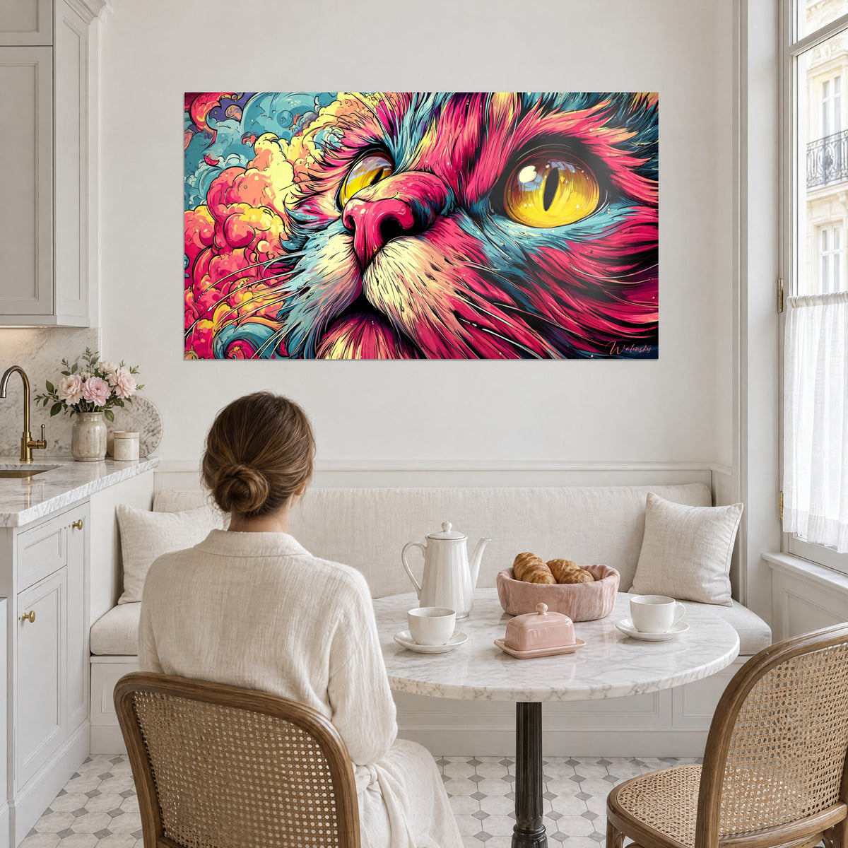 Cuadro ojo de gato con pupila negra rasgada, pelaje rosa y azul pato, nubes anaranjadas, en la pared de una cocina luminosa
