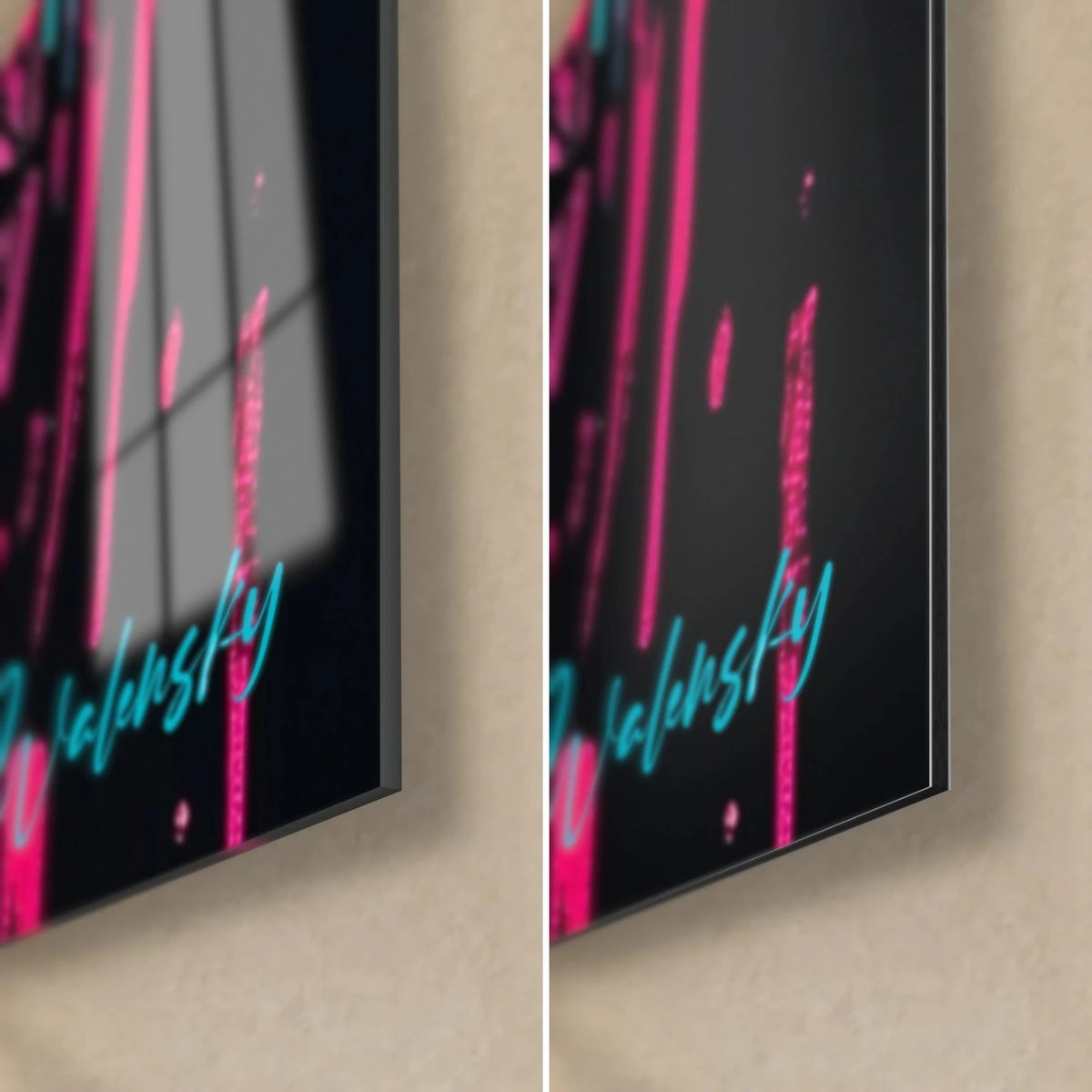 Tableau graffiti rose fluo et noir, coin bas droit : verre acrylique brillant à gauche, alu Dibond mat à droite, tranche de 3 mm