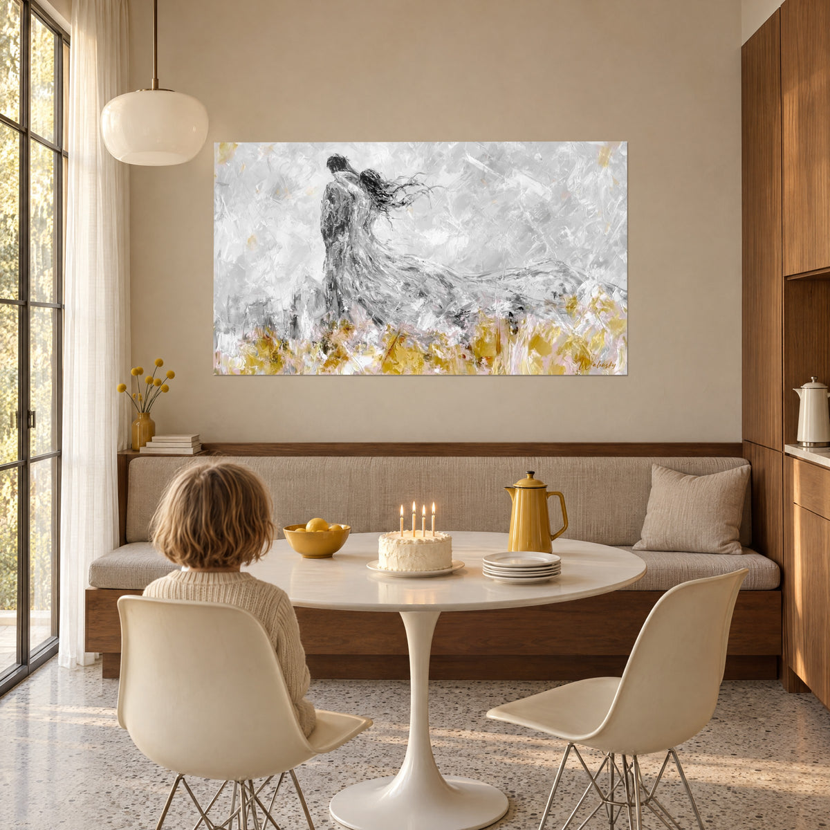 Wall art of two lovers tightly held together, floating grey veil, ochre and rosy grasses, above a banquette in a dining room
