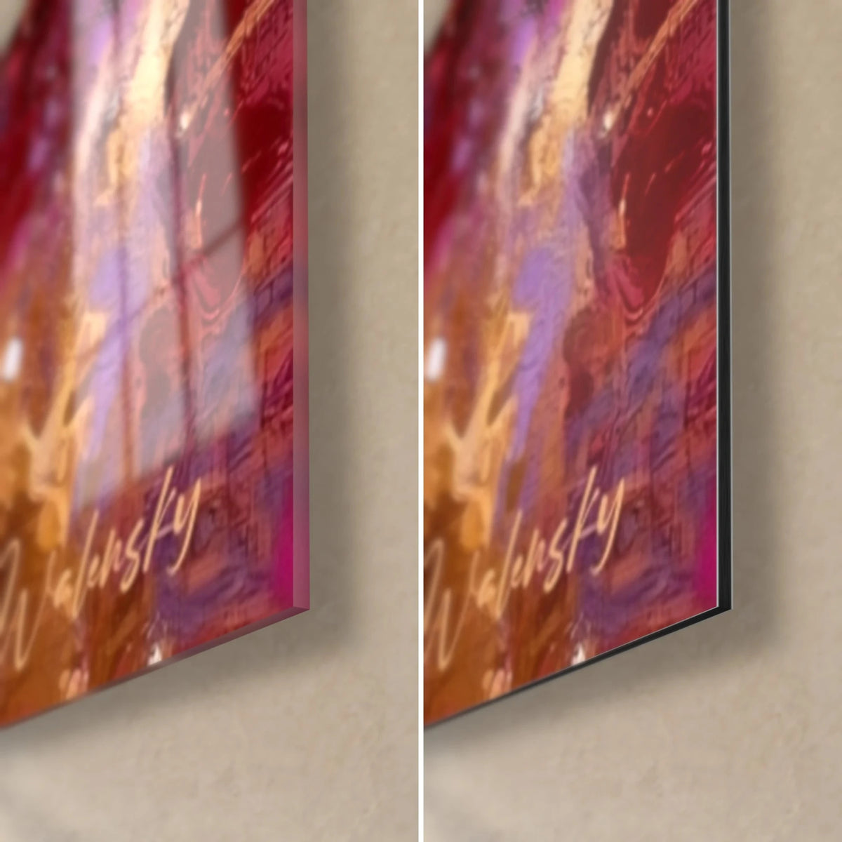 Tableau amoureux sous parapluie rouge, coin bas droit : verre acrylique brillant reflétant l'or à gauche, Dibond mat et tranche noire de 3 mm à droite