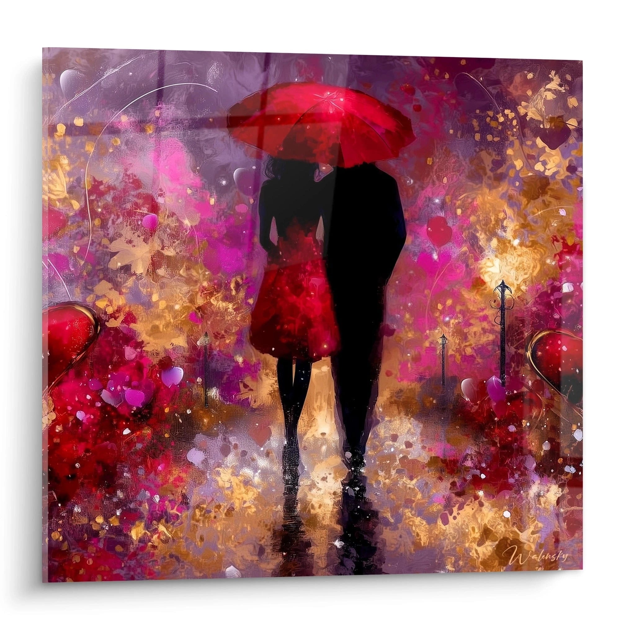 Walensky tableau couple amour silhouette romantique sous parapluie rouge sur fond abstrait rouge et or