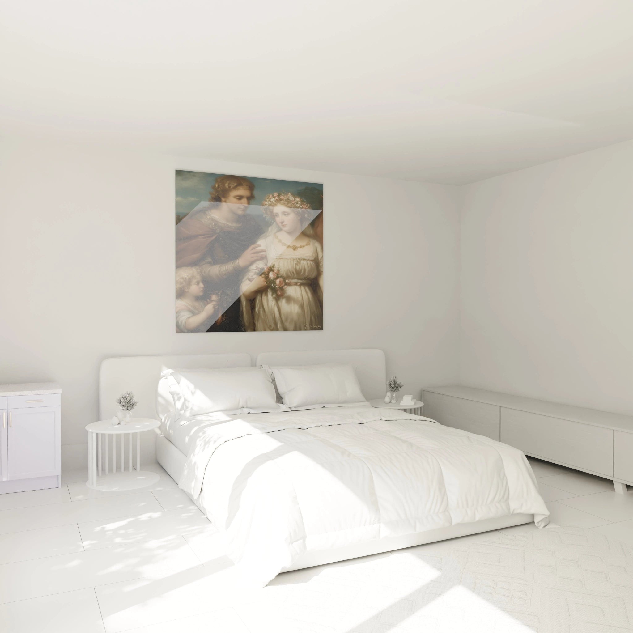 tableau néo classique couple Walensky accroché au dessus du lit blanc dans une chambre minimaliste et lumineuse