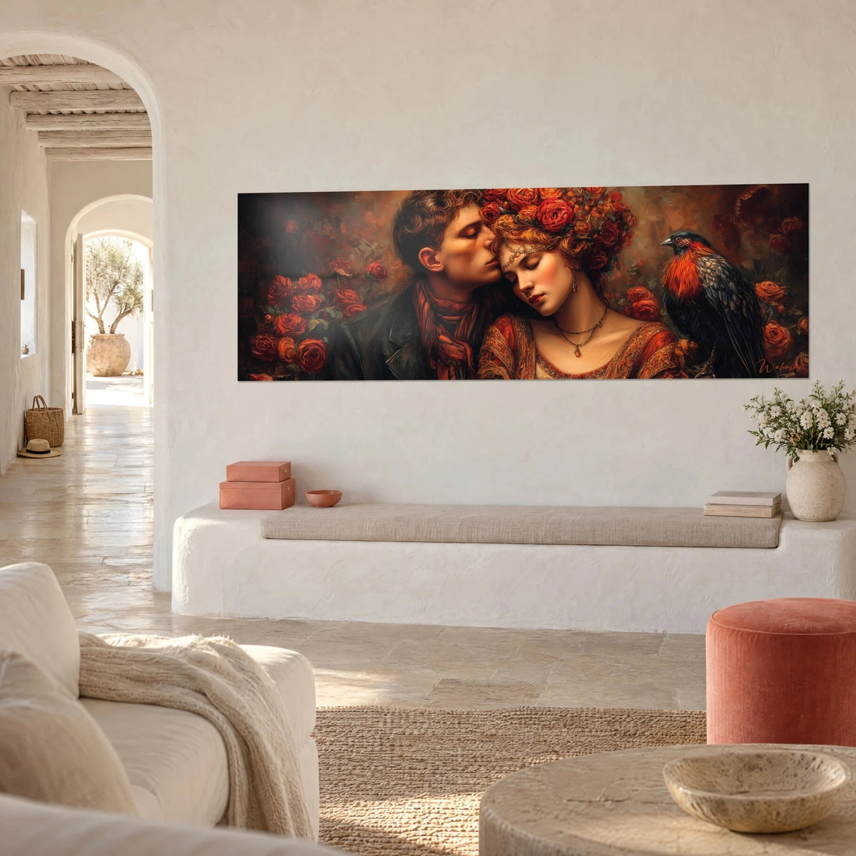 Wall art lovers with closed eyelids, crown of vermilion roses, black bird with orange throat, whitewashed wall, three-quarter view