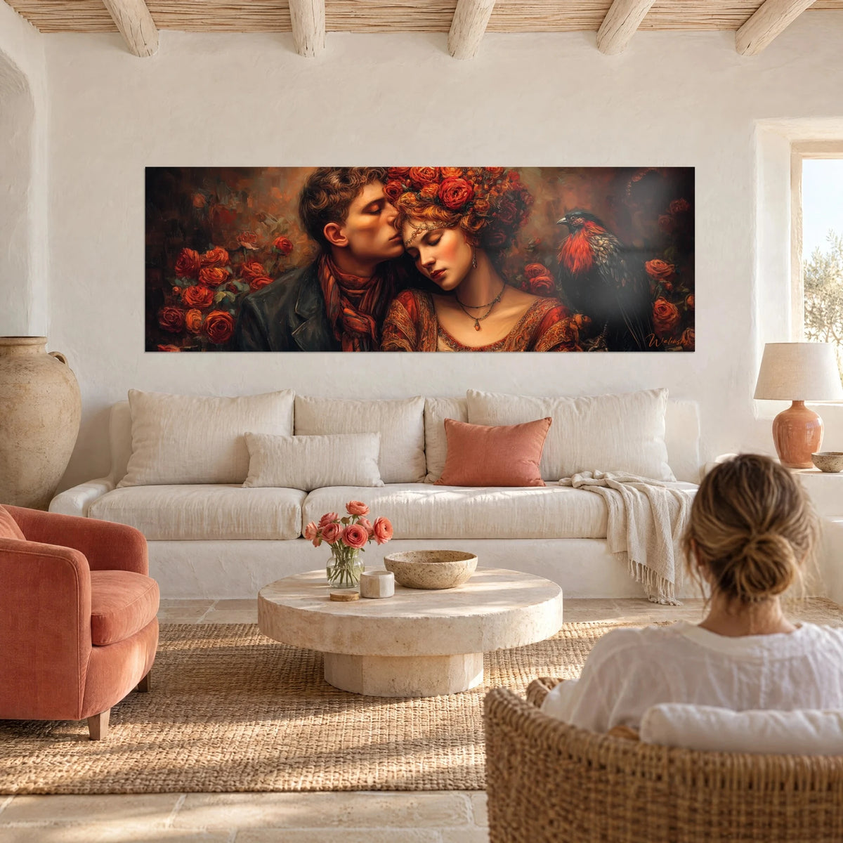 Wall art embracing couple, kiss on the temple, carmine red roses and copper-brown background, above a sofa in a bright living room