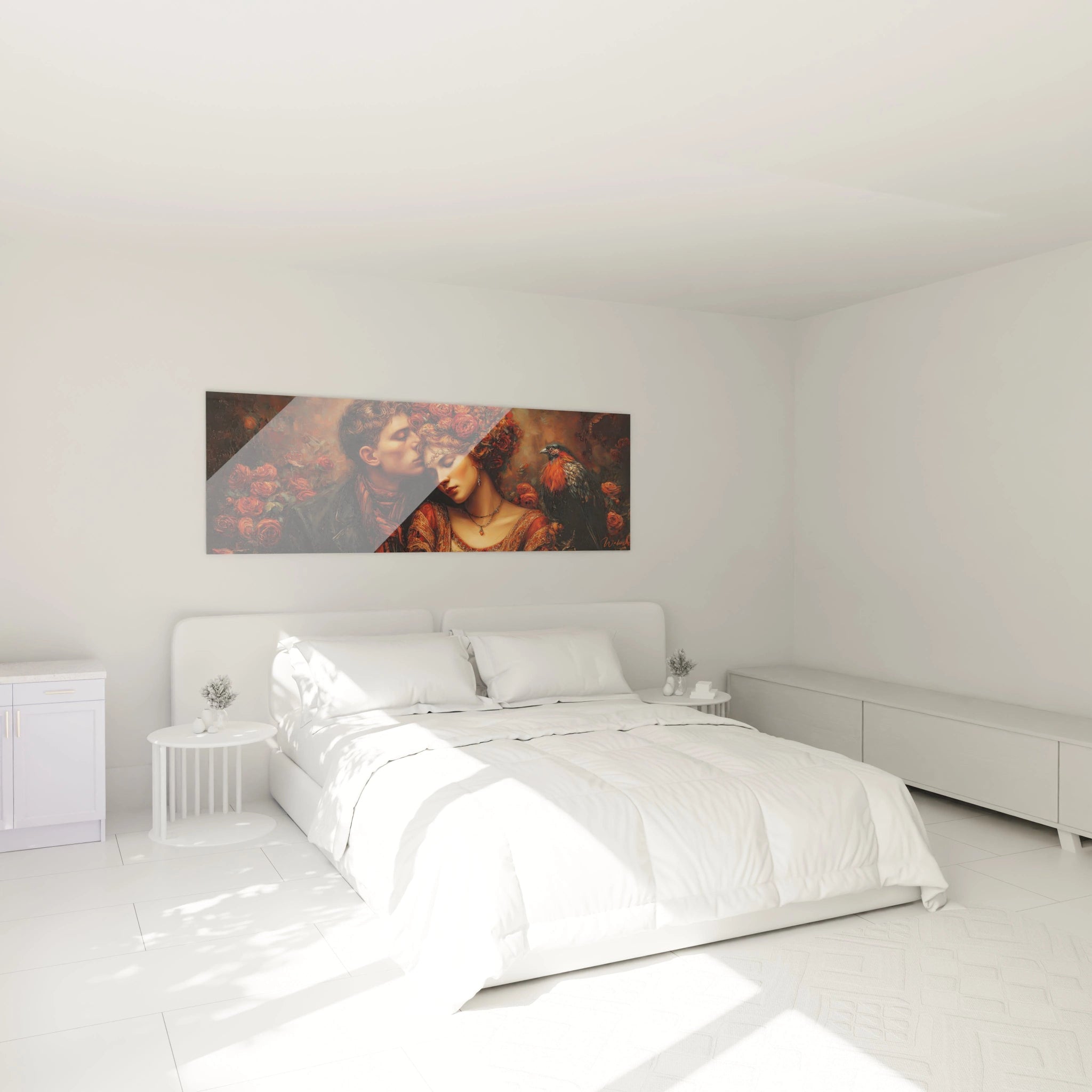 Tableau mural Walensky tableau couple amour fleuri portrait romantique de deux personnes entouré de fleurs au-dessus d'un lit blanc