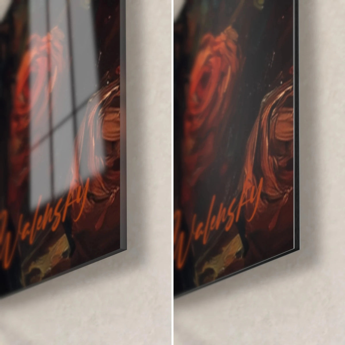 Wall art young man kissing his beloved, red rose and deep brown, lower right corner in glossy glass and matte Dibond, 3 mm edge